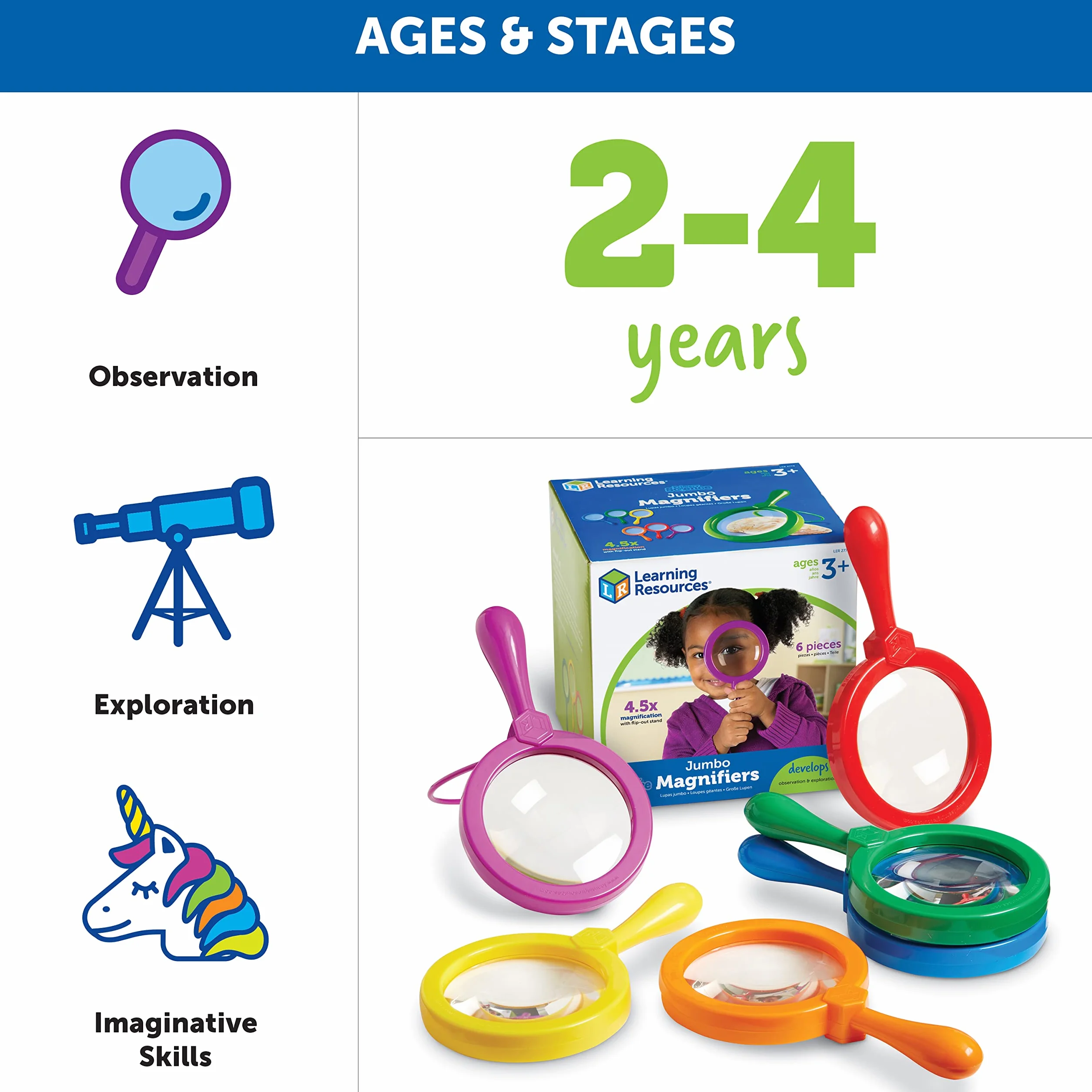 Learning Resources Lenti d’Ingrandimento Jumbo – Set da 6 per Bambini 3+, Lenti Educative con Ingrandimento 4,5X e Supporto Integrato per Esplorazione Scientifica
