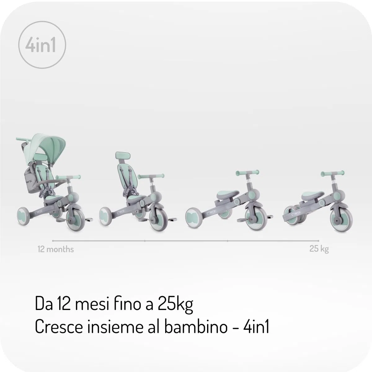 Triciclo per bambini MoMi 4in1 SOLIVIA con manubrio telescopico, cinture di sicurezza a 5 punti, per bambini a partire da 12 mesi, con capottina parasole, ruote in PU, borsa e portabicchiere