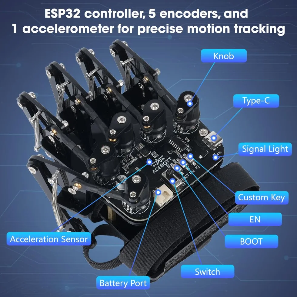 Guanto wireless ESP32 con rilevamento del movimento, supporta Arduino, ACECode e Python, kit robot fai da te, mano meccanica, giocattolo STEM, braccio a cinque dita per codificare, kit robot