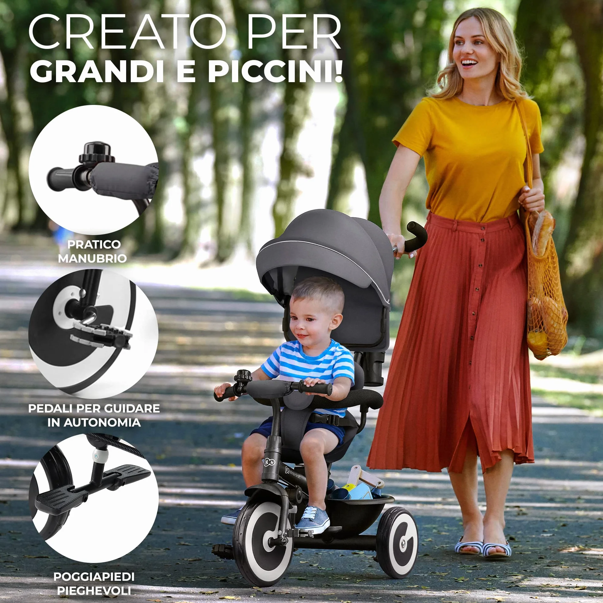 Kinderkraft ASTON Triciclo bambini dai 9 Mesi fino 25 kg, Passeggino con Maniglione regolabile, Bici, Sedile girevole Fronte Mamma e Strada, Cappottina pieghevole, Ruota libera, Rosa