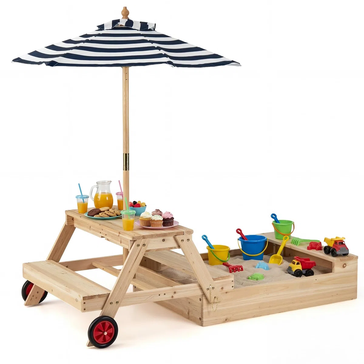 COSTWAY 3 in 1 Sabbiera in Legno, Tavolo da Picnic per Bambini Trasformabile con Panche, Ombrellone Rimovibile e Ruote, Set da Gioco per Bambini 3-5 Anni, per Esterno e Giardino