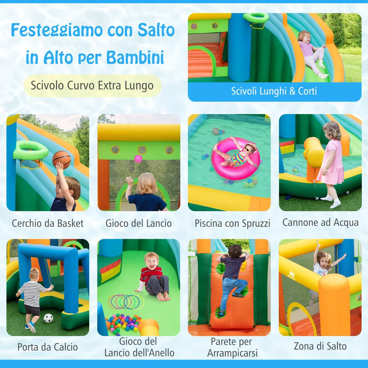 RELAX4LIFE Scivolo d'Acqua Gonfiabile, Parco Acquatico con Doppio Scivolo, Piscina Spruzzo, Parete da Arrampicata, Cannone ad Acqua, Canestro da Basket, Porta da Calcio, Palline Oceaniche e Anelli