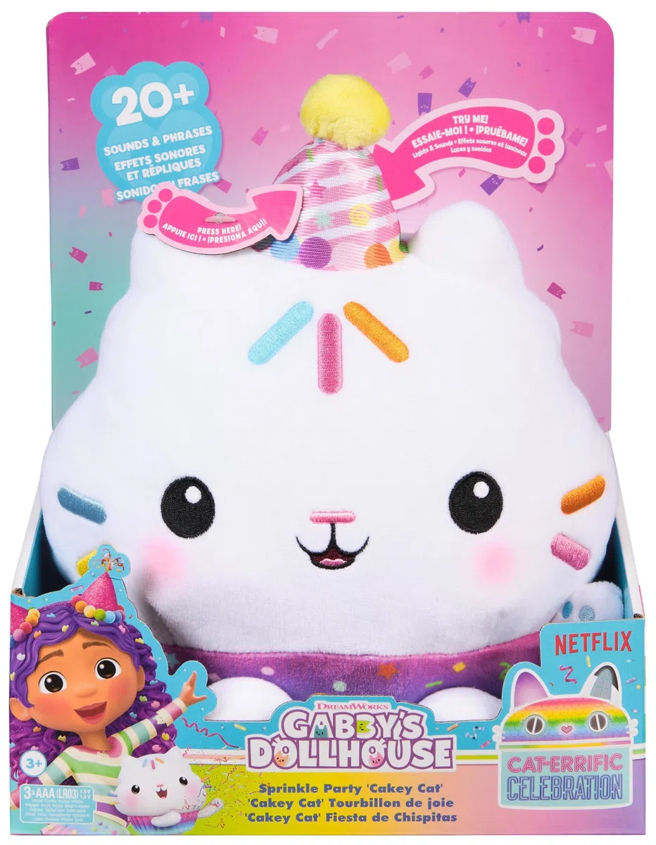 Gabby's Dollhouse Festeggiamenti Peluche Cakey Cat interattivo 25 cm con Suoni Giocattoli Bambini 3+
