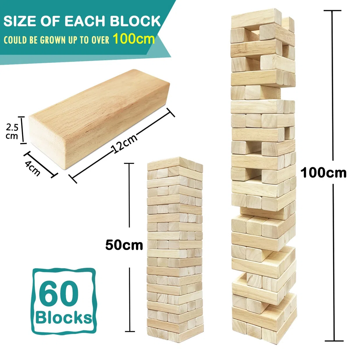 Gioco di Torre di Tamburi in Legno 60 pezzi Blocchi da Impilare