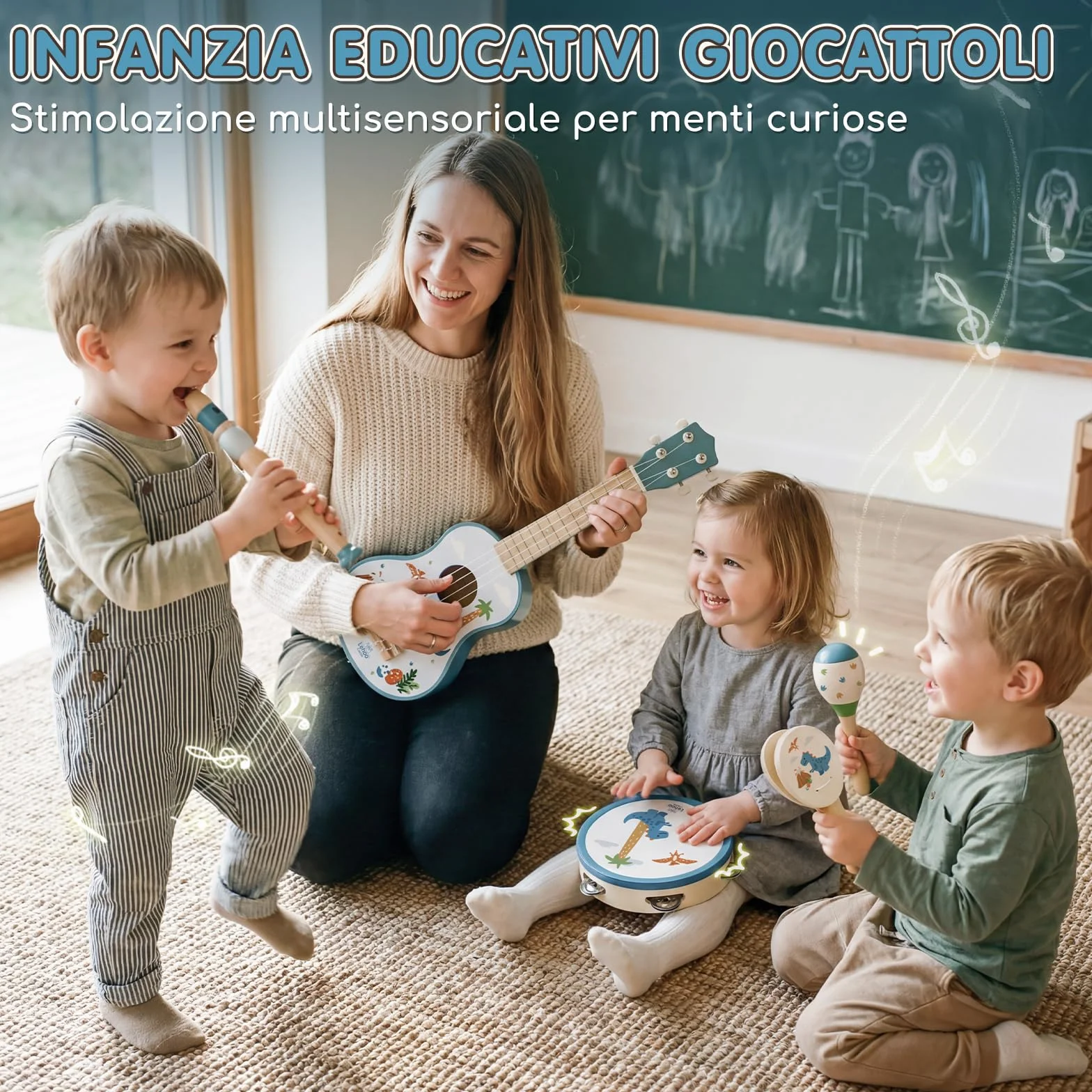 Lehoo Castle Chitarra per Bambini, 7 Strumenti Musicali Montessori Giochi, con ukulele, Tamburello, Flauto, Maracas, Giocattoli in Legno, Giocattoli Didattici, Regalo per bambini di 1, 2, 3 anni