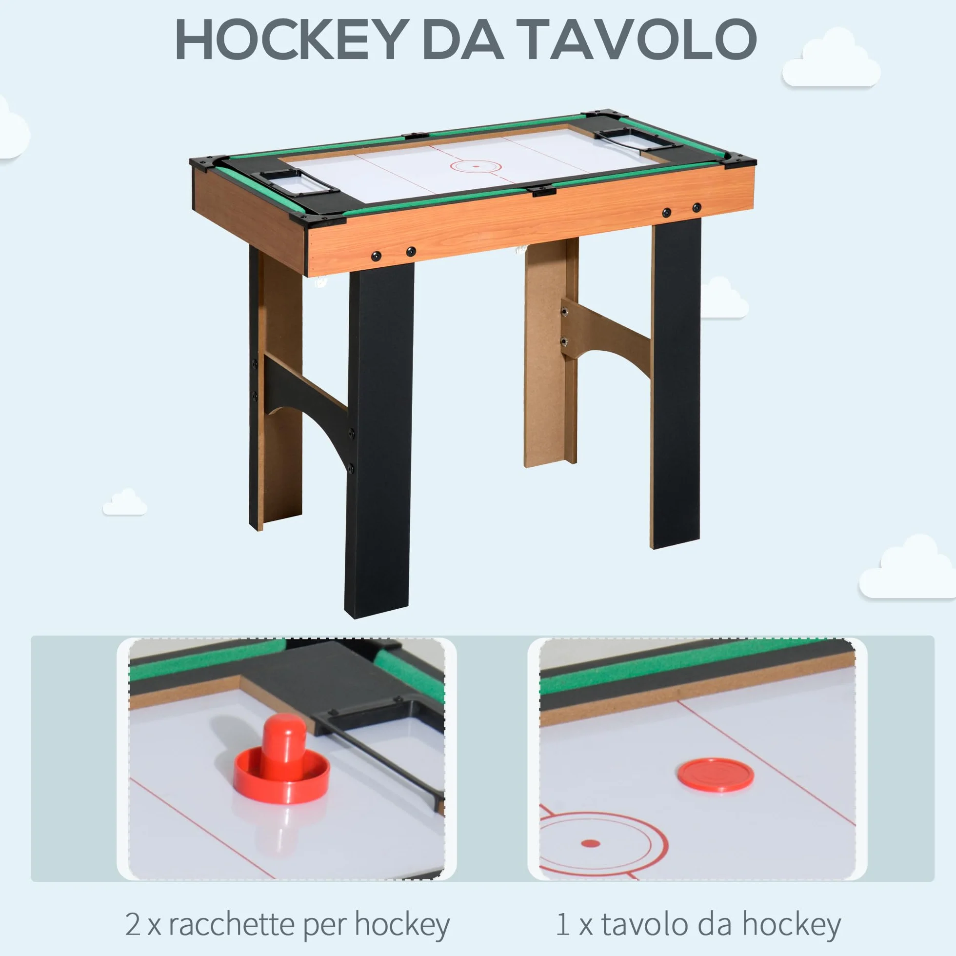 HOMCOM Tavolo Multigioco 4 in 1 con Calcio Balilla, Biliardo, Ping Pong e Hockey da Tavolo, Tavolo da Gioco con Accessori, in Legno MDF, Legno Naturale e Nero