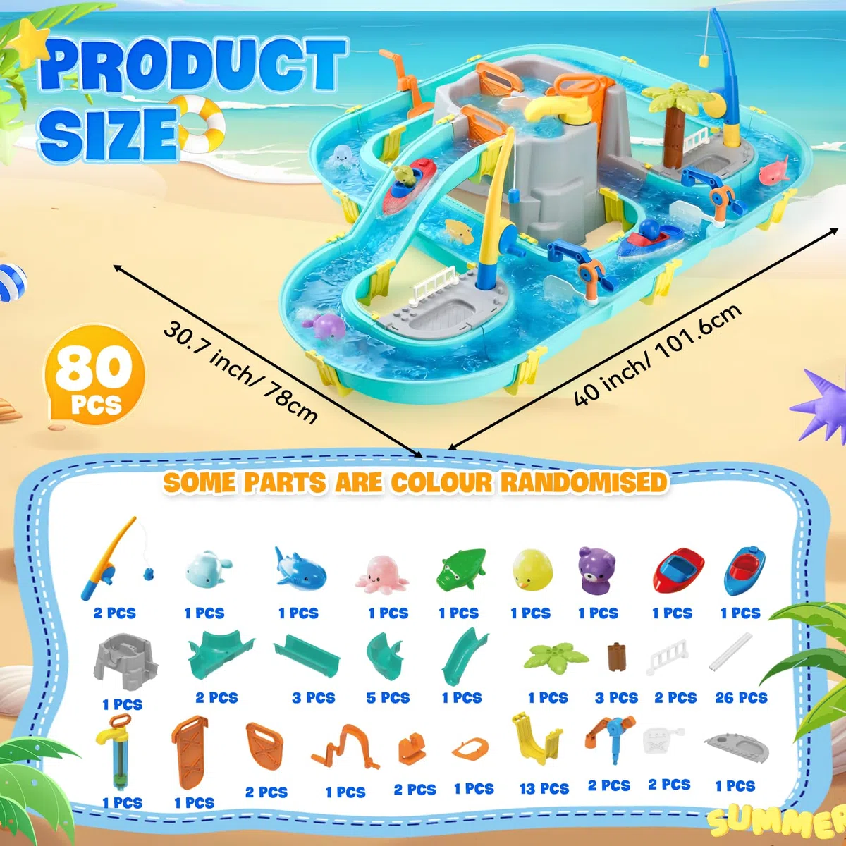 Gioco Acqua con Pista, 80 Pezzi Tavolo Acqua Bambini Esterno - con Barche, Pesca Magnetica & Animaletti, Giocattolo Estivo per Giardino e Spiaggia da 3+ Anni