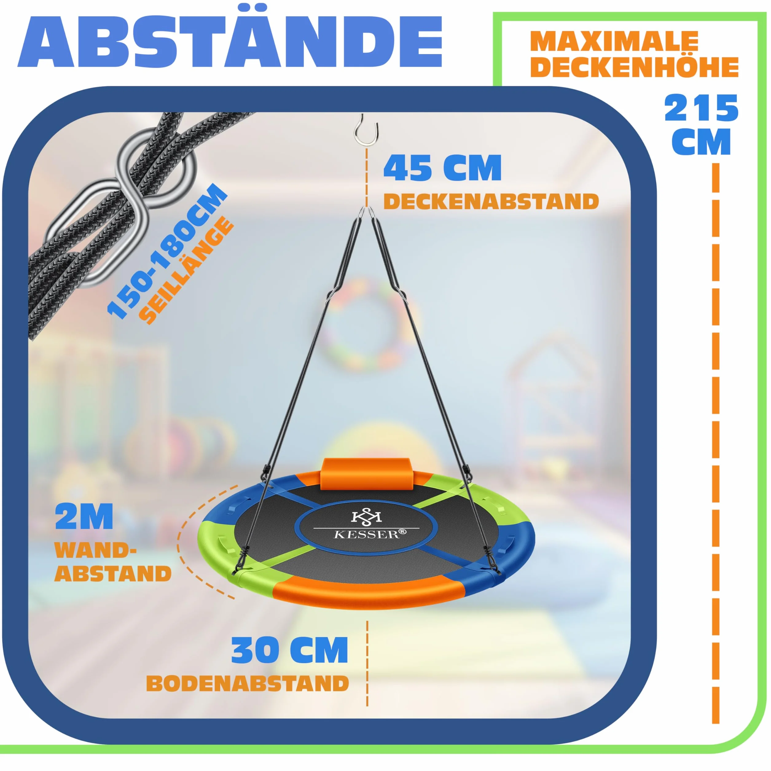 KESSER® Altalena a Rete Rotonda Regolabile per Bambini e Adulti, 120 cm, Multicolore