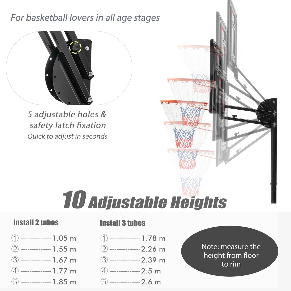 LIFEZEAL Canestro da Basket da Esterno, Supporto con Altezza Regolabile 155-310 cm con Borsa, Canestro su Piedi con Ruote Portatile, per Bambini e Adulti