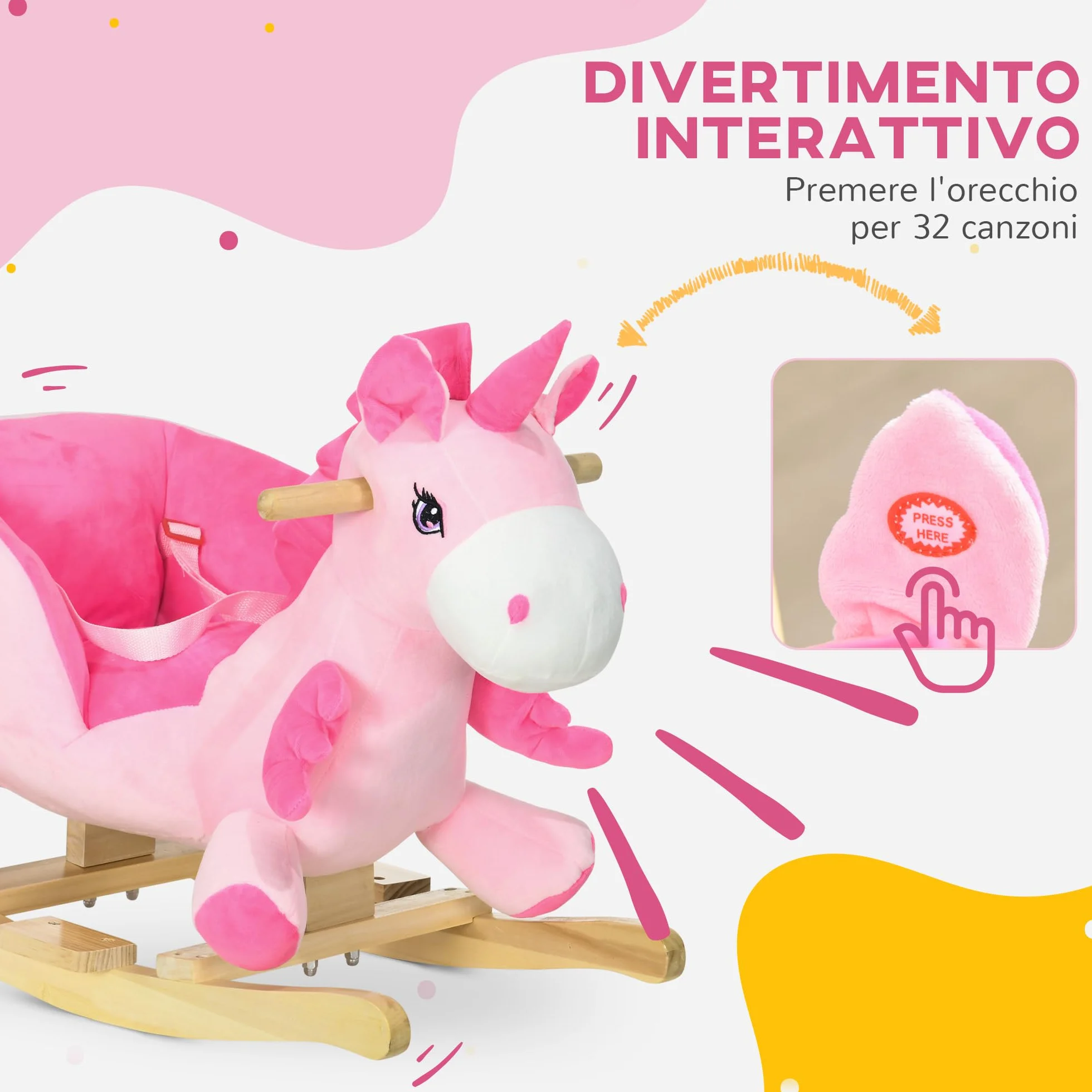 HOMCOM Cavallo a Dondolo con 32 Canzoni, Unicorno a Dondolo in Peluche con Base in Legno e Cintura di Sicurezza per Bambini da 18-36 Mesi, Rosa