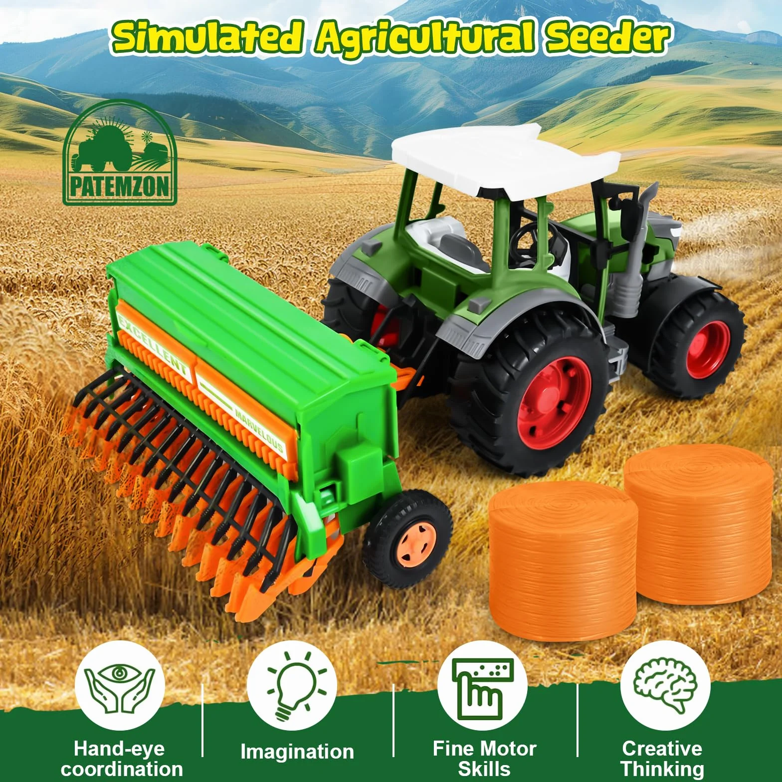PATEMZON RC Trattore Telecomandato per Bambini, Trattore Agricolo con Aratro e Luce, Set di Trattore Radiocomandato con Rimorchio Giocattolo, Mucca, Pecora, Troncs d'Arbre e Balle, Verde