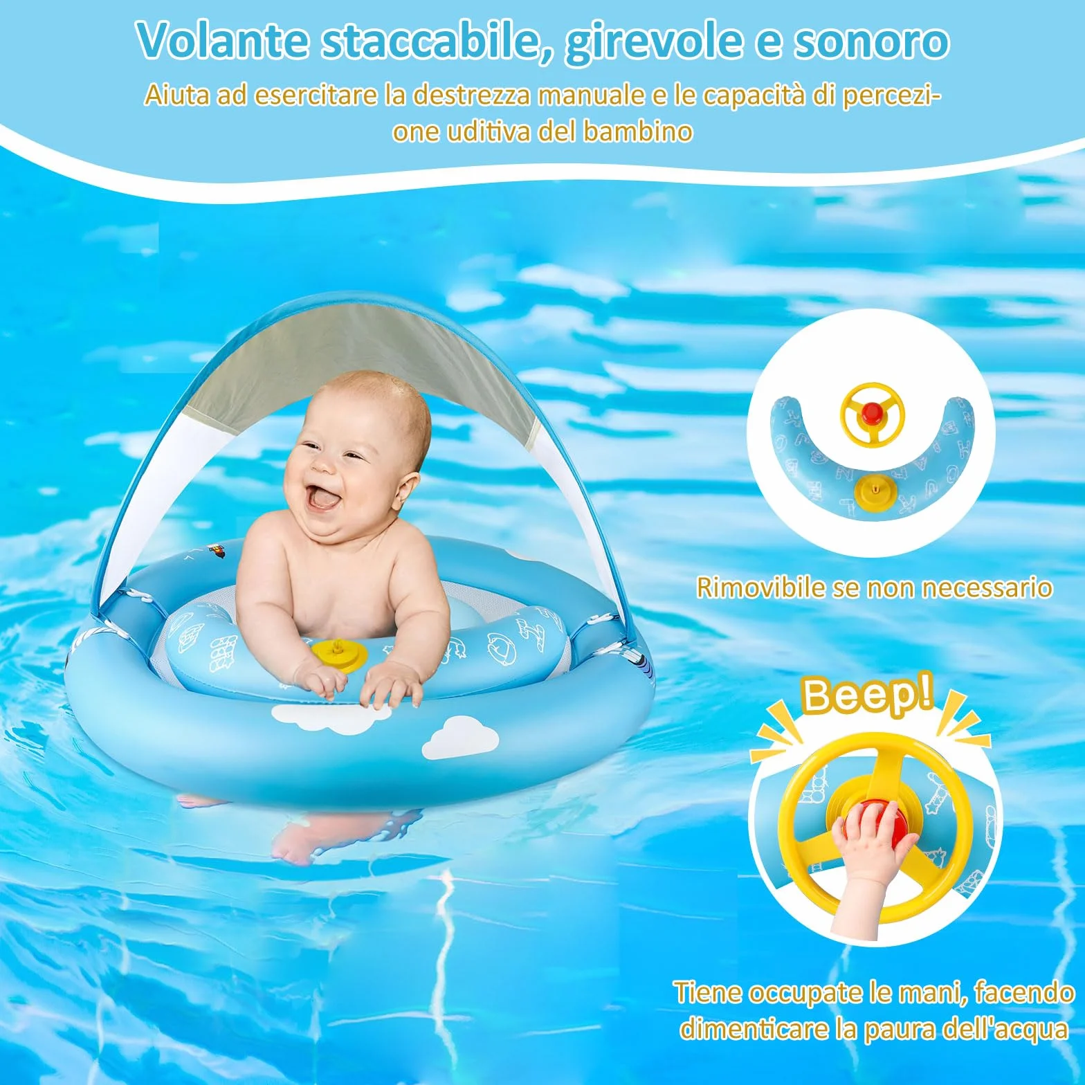 MYCARBON Salvagente Neonato 6 Mesi – 30 Mesi con Parasole Mutandina Regolabile Salvagente Bambini con Pompetta Galleggiante Ciambella per Mare Piscina