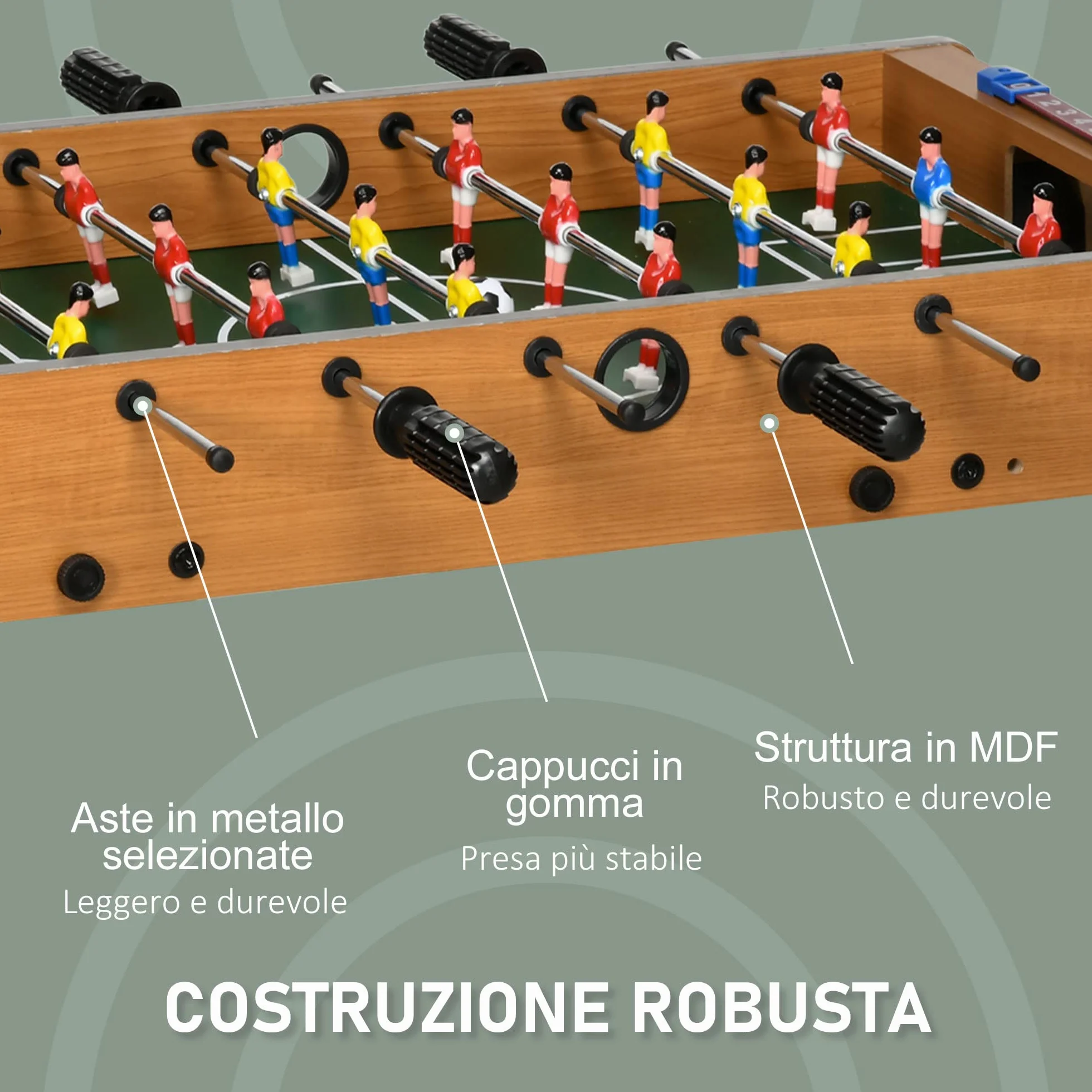 HOMCOM Calcio Balilla Pieghevole Compatto in Legno, Biliardino Salvaspazio con 6 Aste, 18 Giocatori e Segnapunti, 69x37x70cm