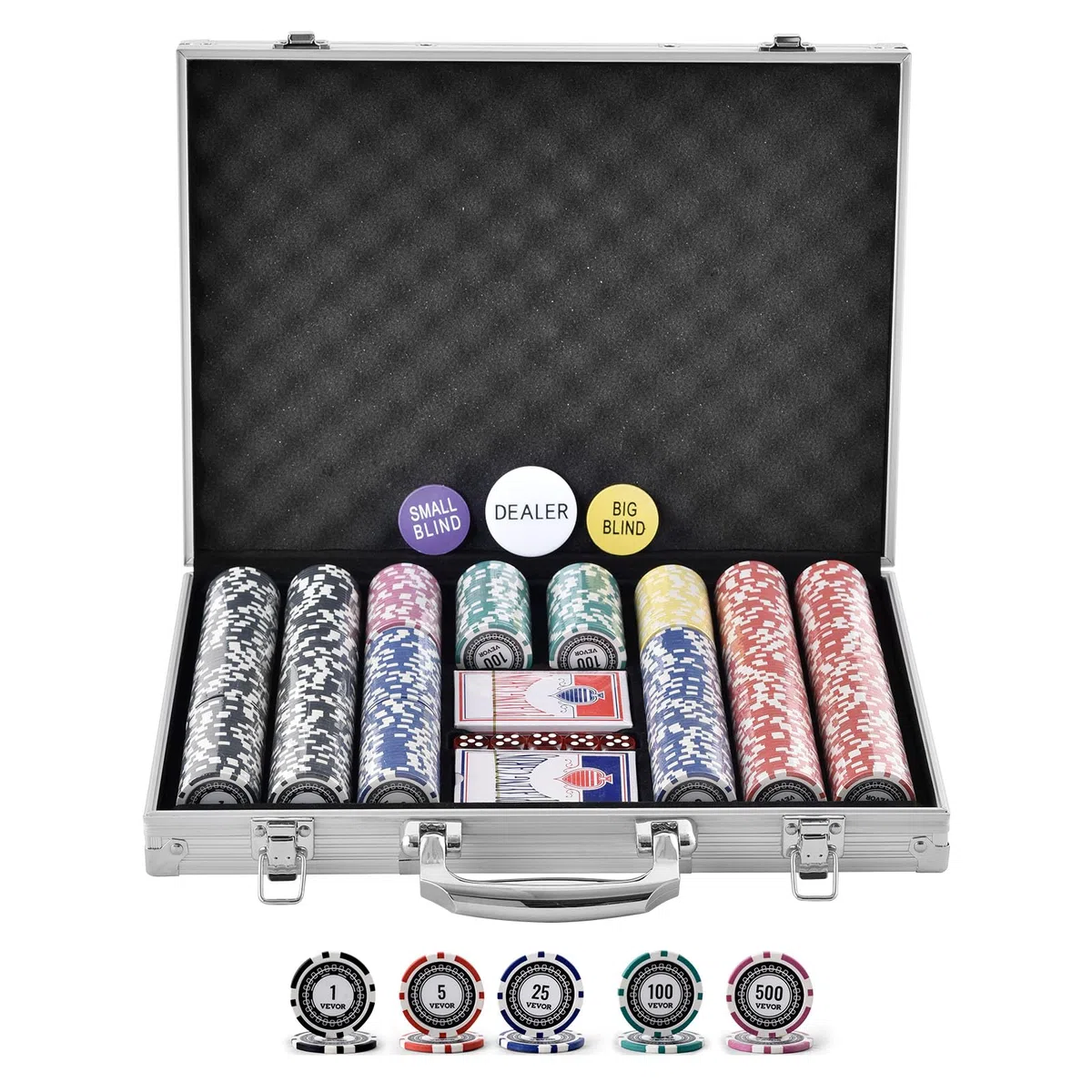 VEVOR Set Poker 500 Pezzi Valigetta Alluminio Fiches Carte Bottoni Dadi Texas Hold'em Blackjack