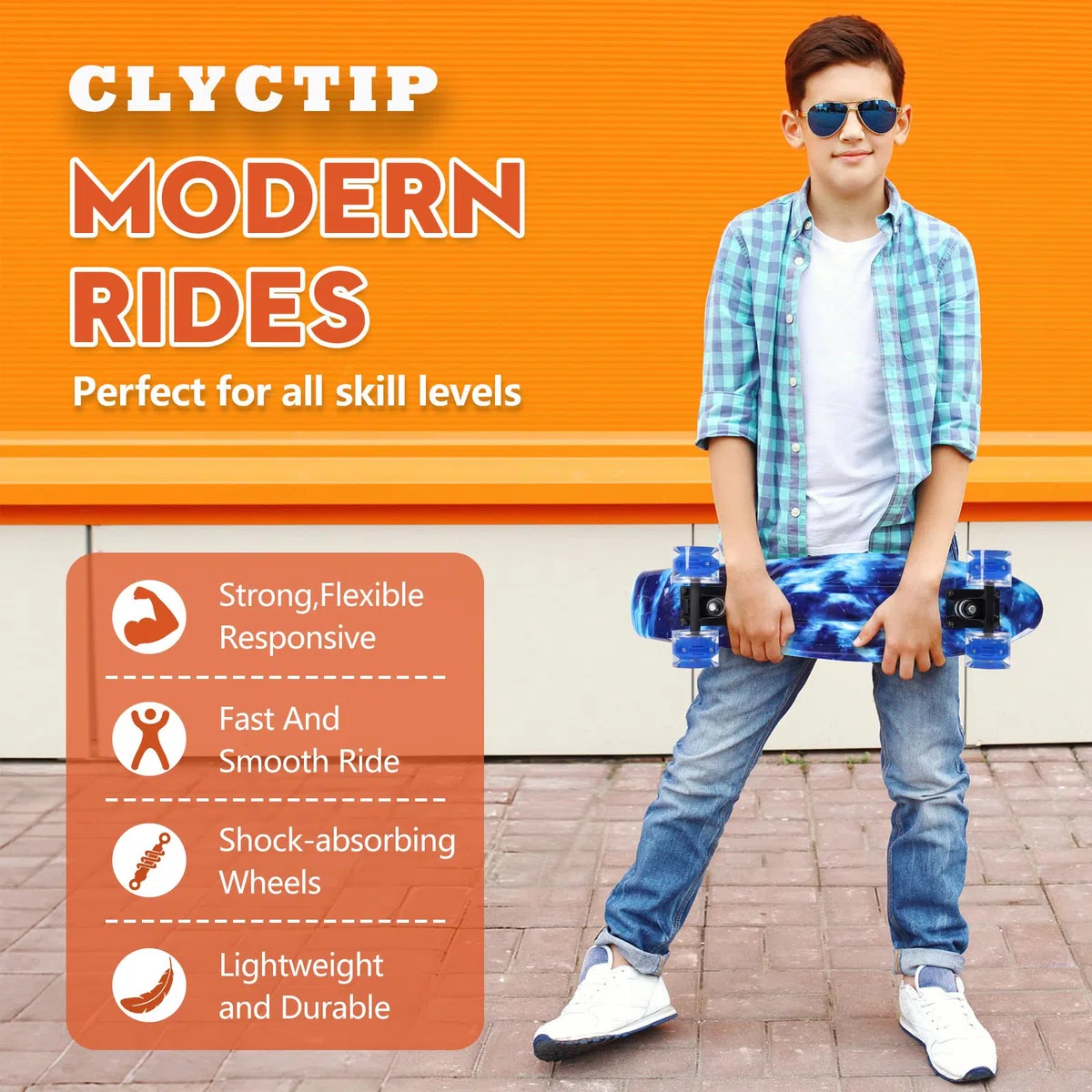 CLYCTIP Skateboard completo da 55,9 cm con ruote lampeggianti colorate e cuscinetti ABEC-11 per bambini, ragazzi, ragazze, principianti