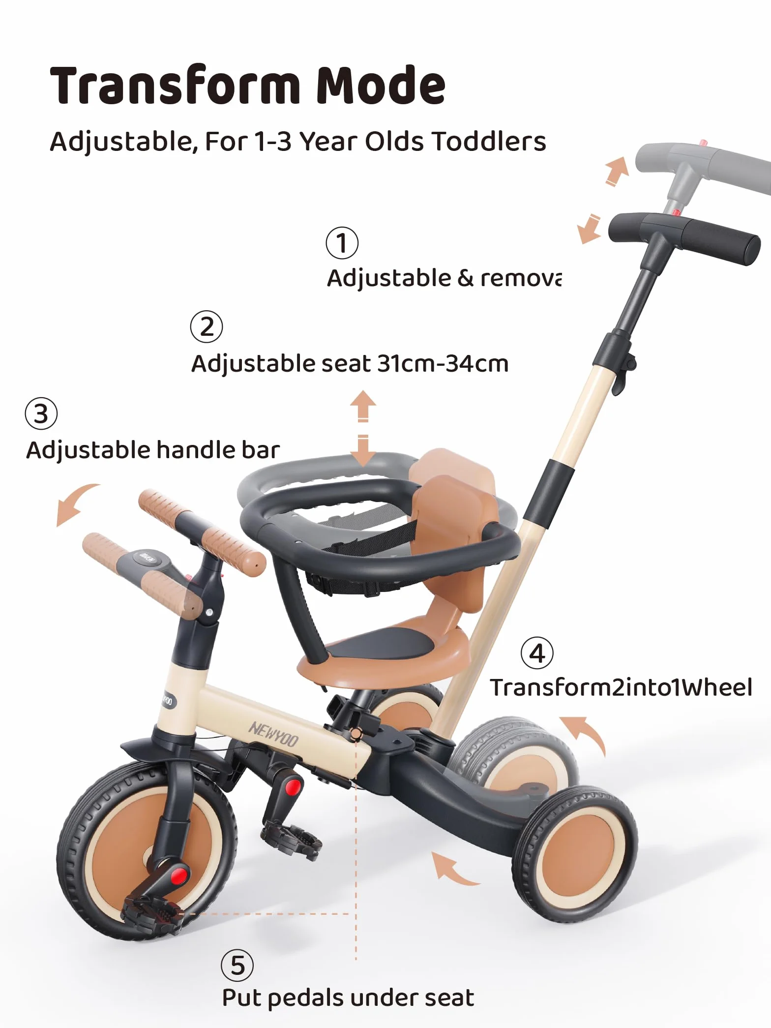 newyoo Triciclo per bambini 5 in 1, Bici per bambini, Regalo di compleanno e giocattoli per ragazzo e ragazza di 1-3 anni, Trike con maniglia di spinta