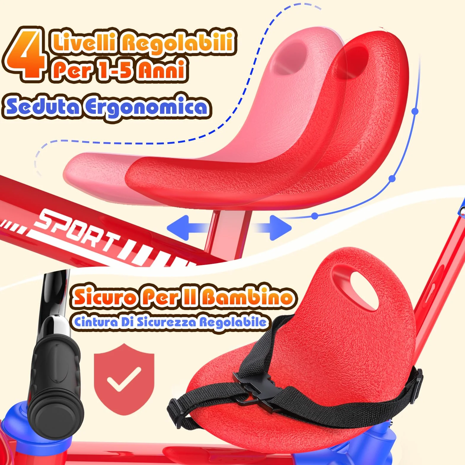 HappyGoLucky 5 in 1 Triciclo per Bambini Evolutivo, Bicicletta Bambini 1-5 Anni-Ruote Luminose/Maniglia Parentale/Sedili&pedali Regolabili
