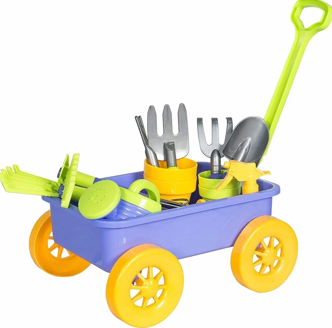 deAO Carriola e attrezzi da giardinaggio per bambini, include 10 accessori e 4 vasi per piante