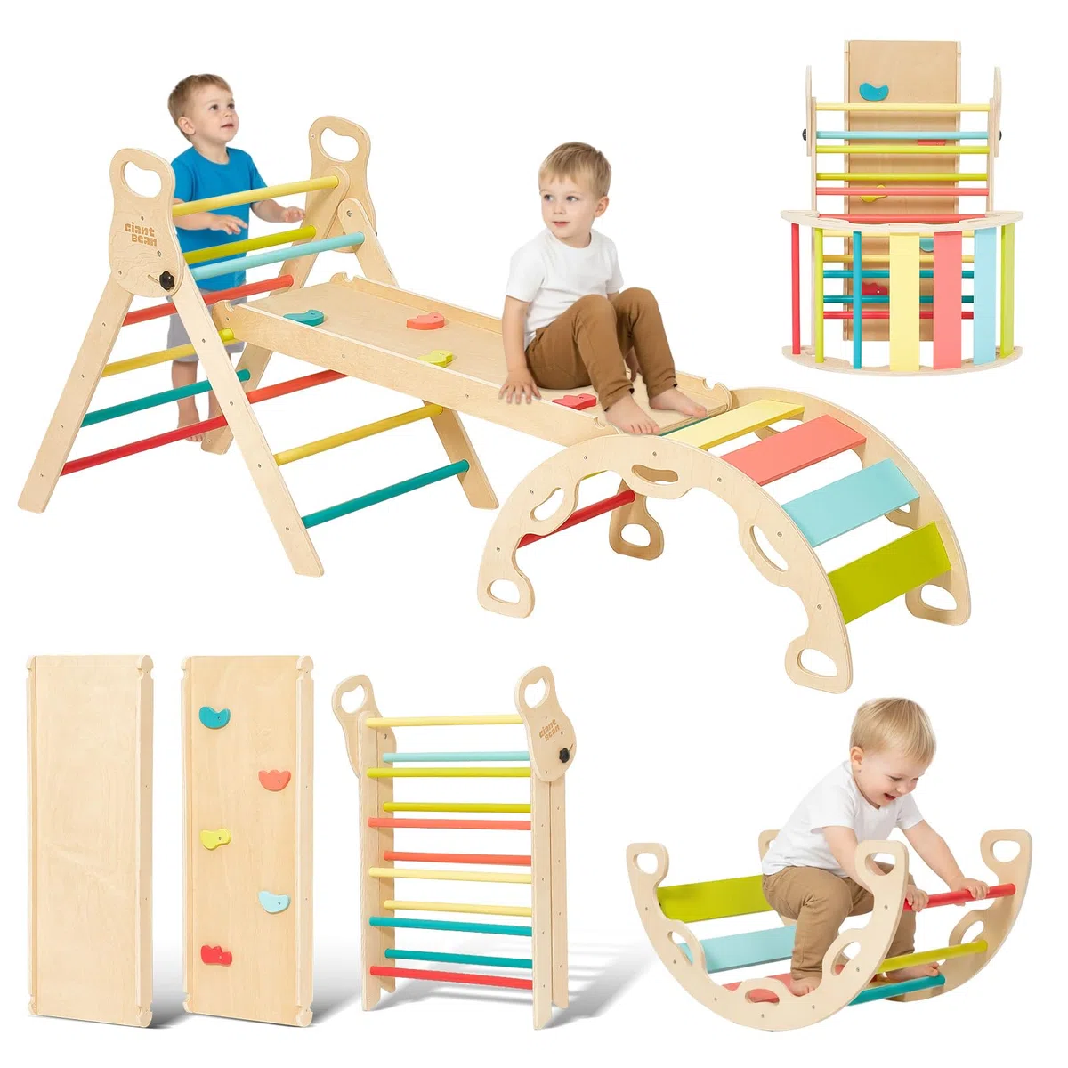 Giant bean Trianglello per Arrampicata Montessori 5 in 1 con Arco da Scalata e Scivolo, Struttura in Legno per Bambini 2-5 Anni