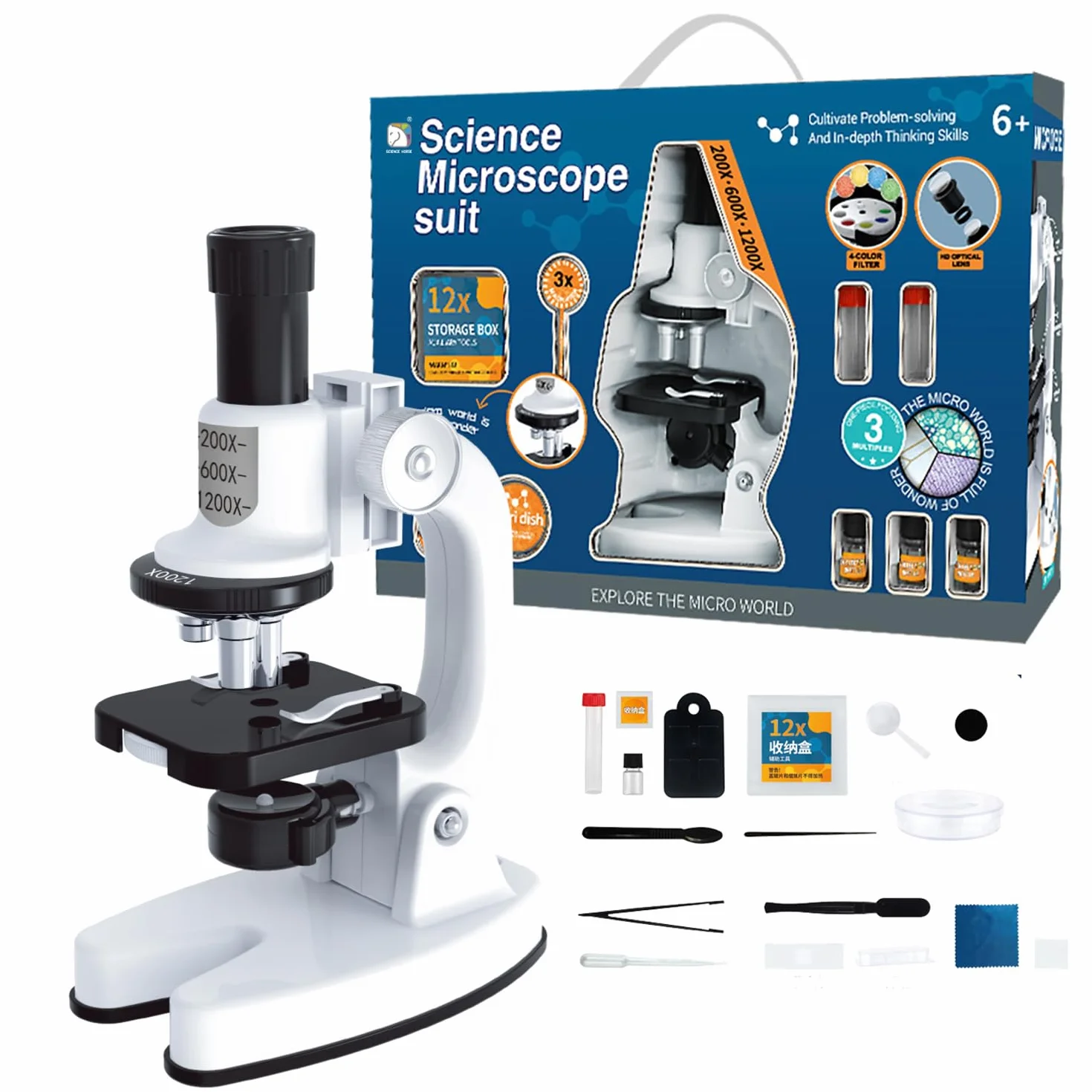 Microscopio per bambini a partire da 8, Smart Deluxe 1200x, con supporto cellulare, bianco