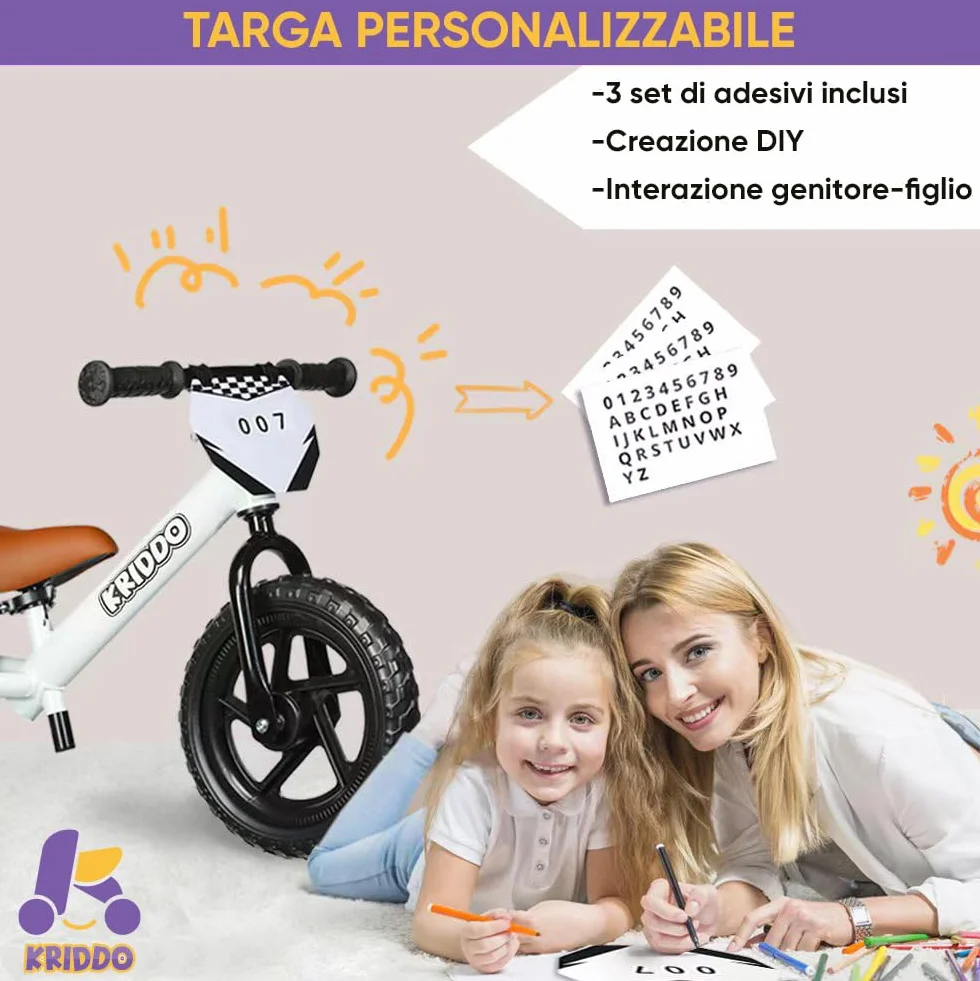 KRIDDO Bici per bambini 2 anni, età 18 mesi a 5 anni, 12 pollici push bike con piastra personalizzata (3 set di adesivi inclusi), bicicletta regalo per 2-3 ragazzi ragazze