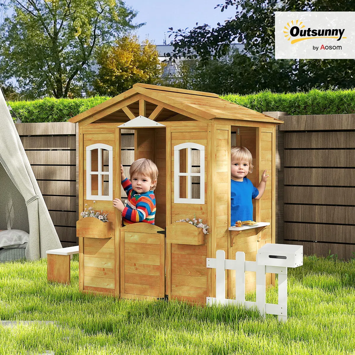 Outsunny Casetta Bambini Legno Giardino con Finestre Staccionata Portavasi Panca 205x119x140 cm