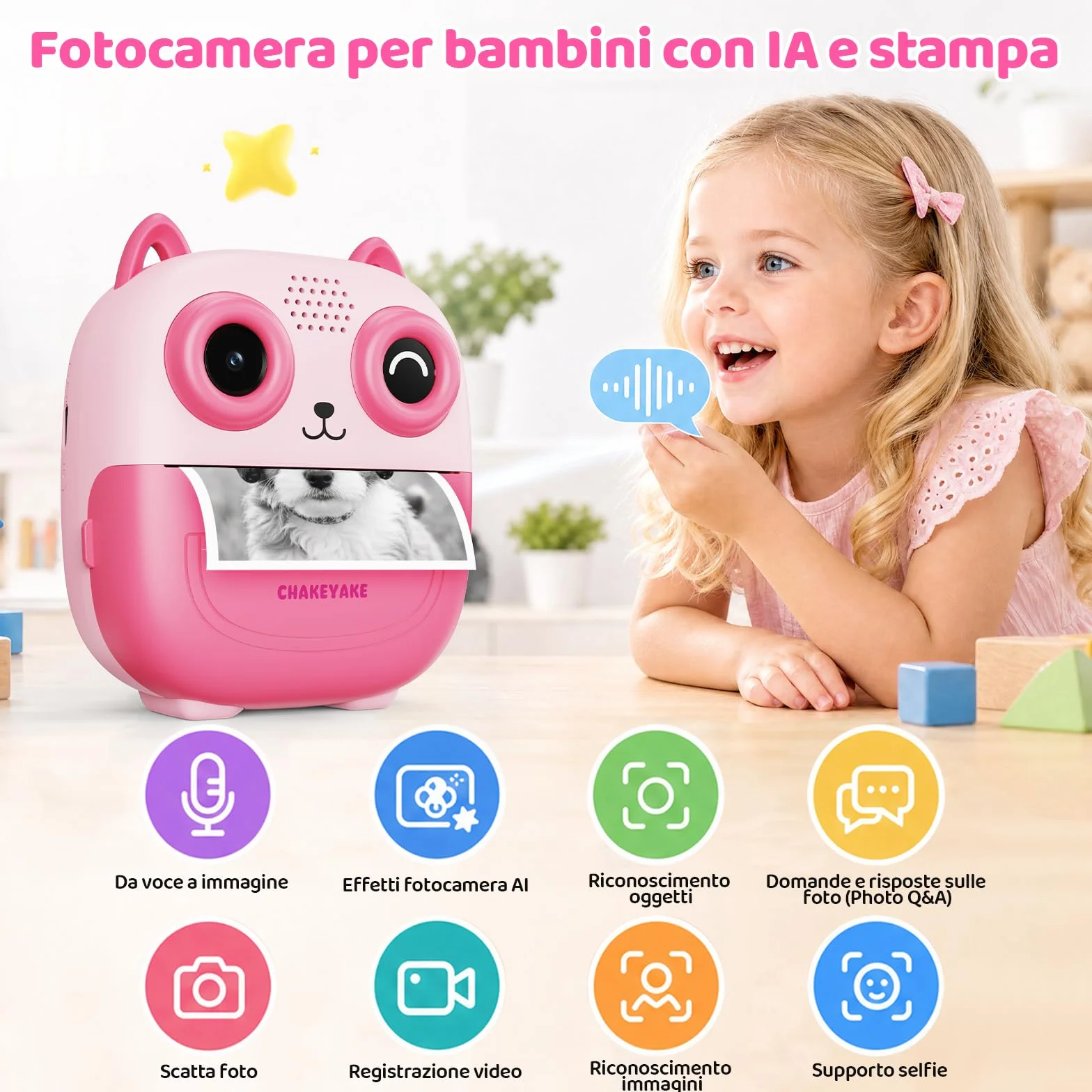 CHAKEYAKE Macchina Fotografica Bambini Istantanea, AI Riconoscimento Vocale E Immagini, Schermo da 2,4 Pollici, Funzione Foto & Video, Adesivi Creativi E Filtri, Regalo Per Ragazzi Ragazze, Rosa