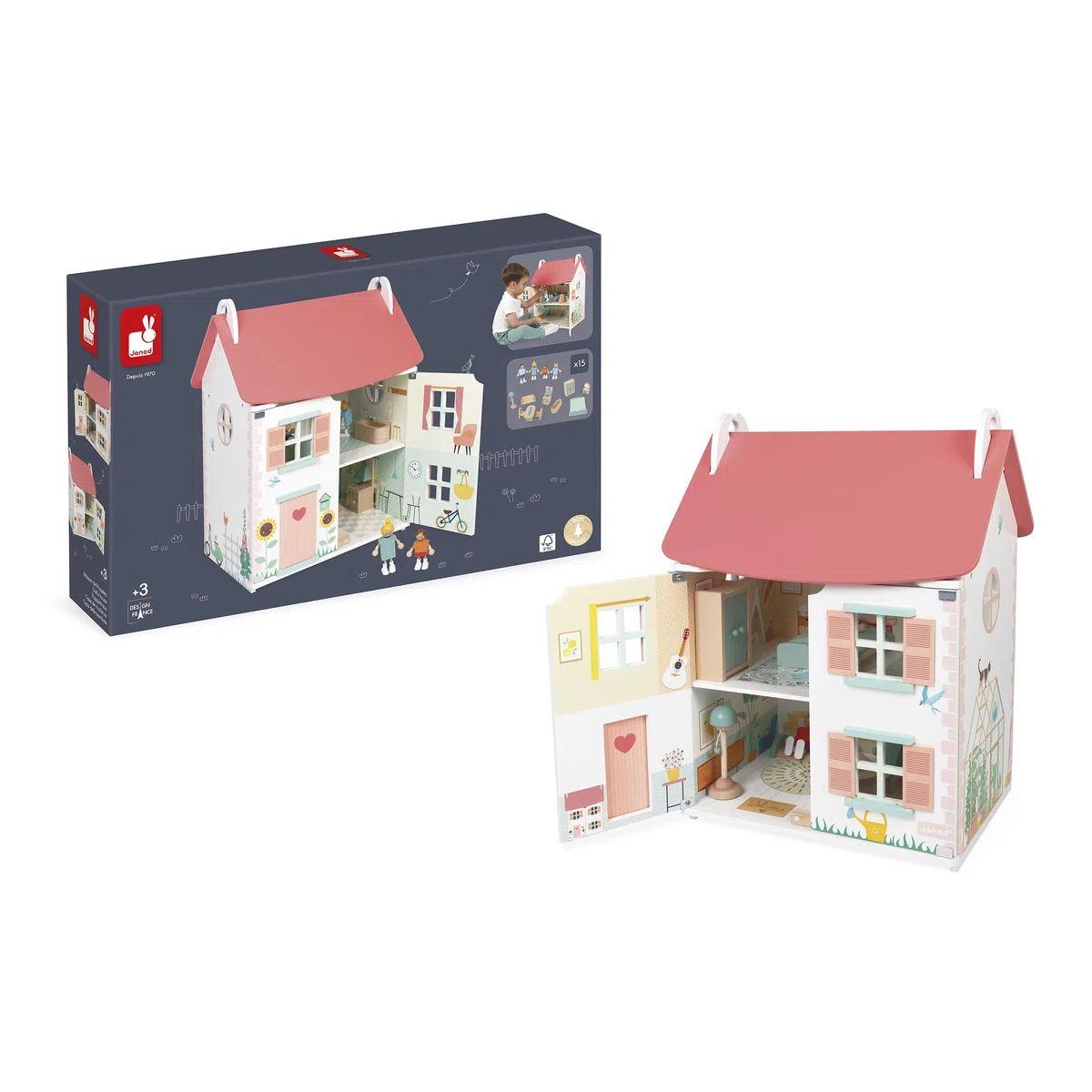 Janod - La mia Prima casa delle Bambole in Legno - 10 Accessori - Mobili per Bambole - Porte magnetiche e Tetto Rimovibile - Giocattolo in Legno FSC - dai 3 Anni