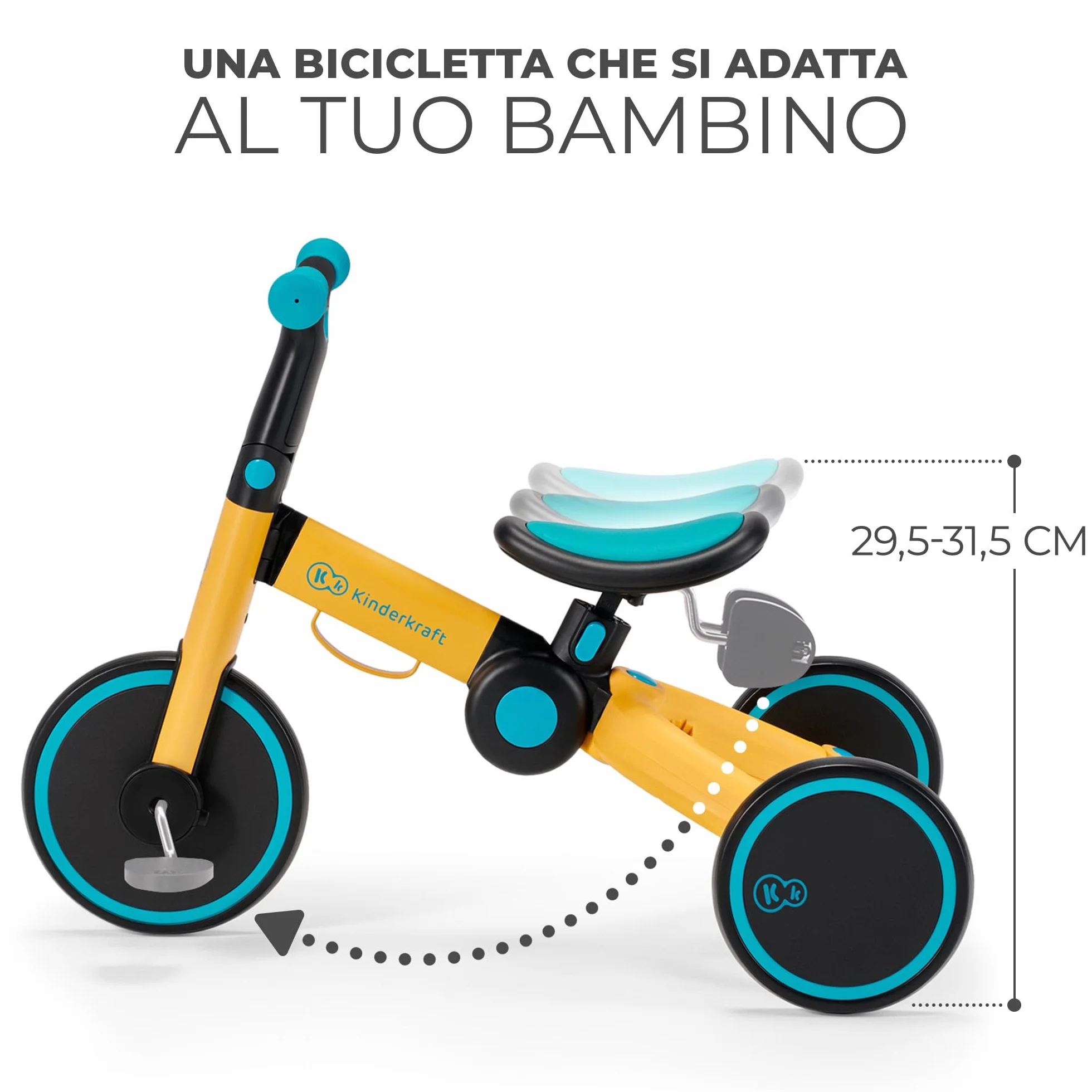 Kinderkraft Triciclo 3in1 4TRIKE, Mini bici, Carrello, Sella regolabile, Pieghevole, da 12 mesi a 5 anni, Giallo