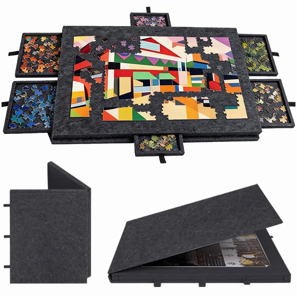 Tavolo puzzle 1000 pezzi, puzzle portatile con 6 cassetti, custodia leggera in feltro, contenitore portatile per 1000 pezzi, tavolo puzzle ribaltabile, per adulti e bambini (nero)