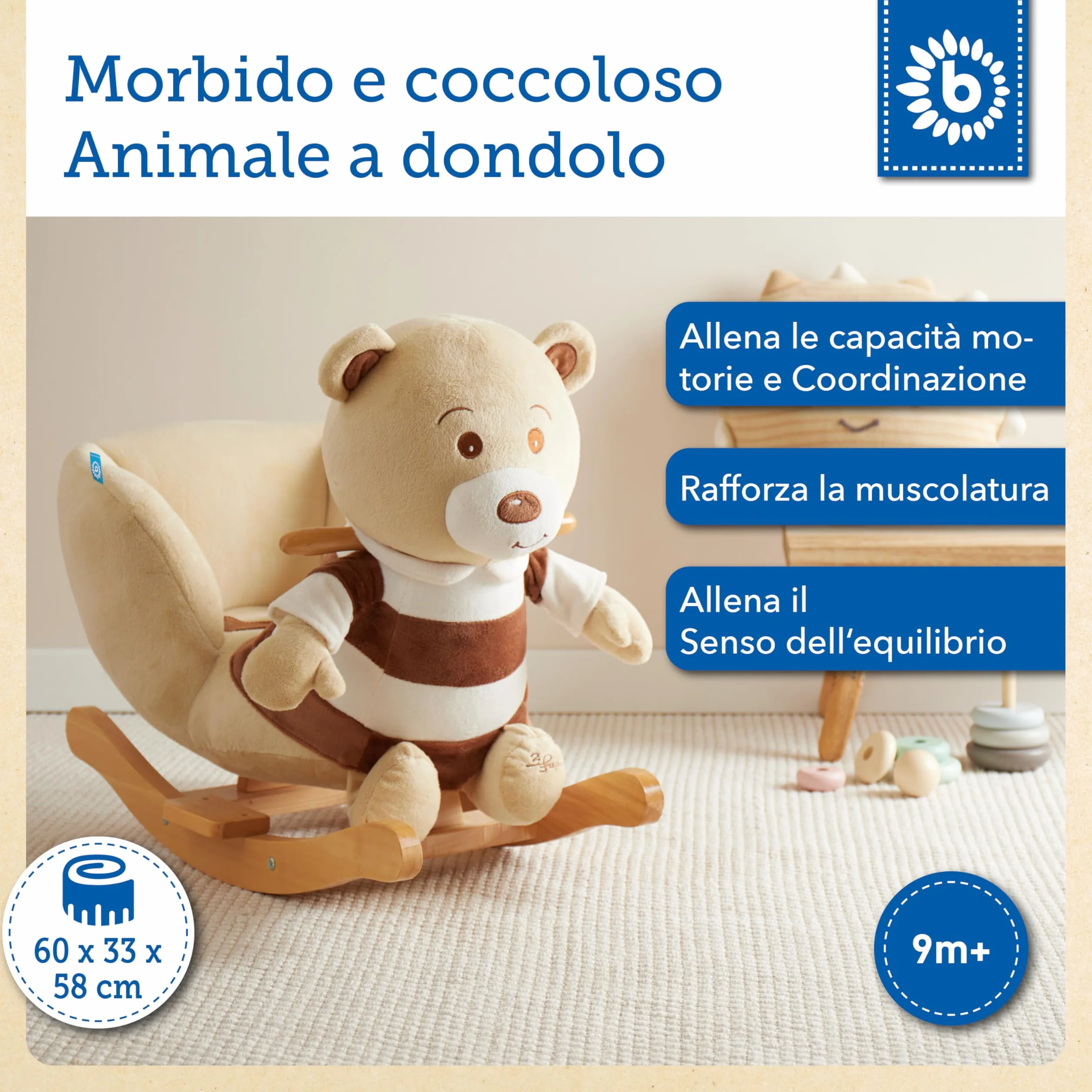 Bieco 74004003 - peluche a dondolo Bubu orso, marrone, per bambini sedia a dondolo, sedile e schienale, altalena peluche per neonati e bambini di circa 60 x 30 x 50 cm