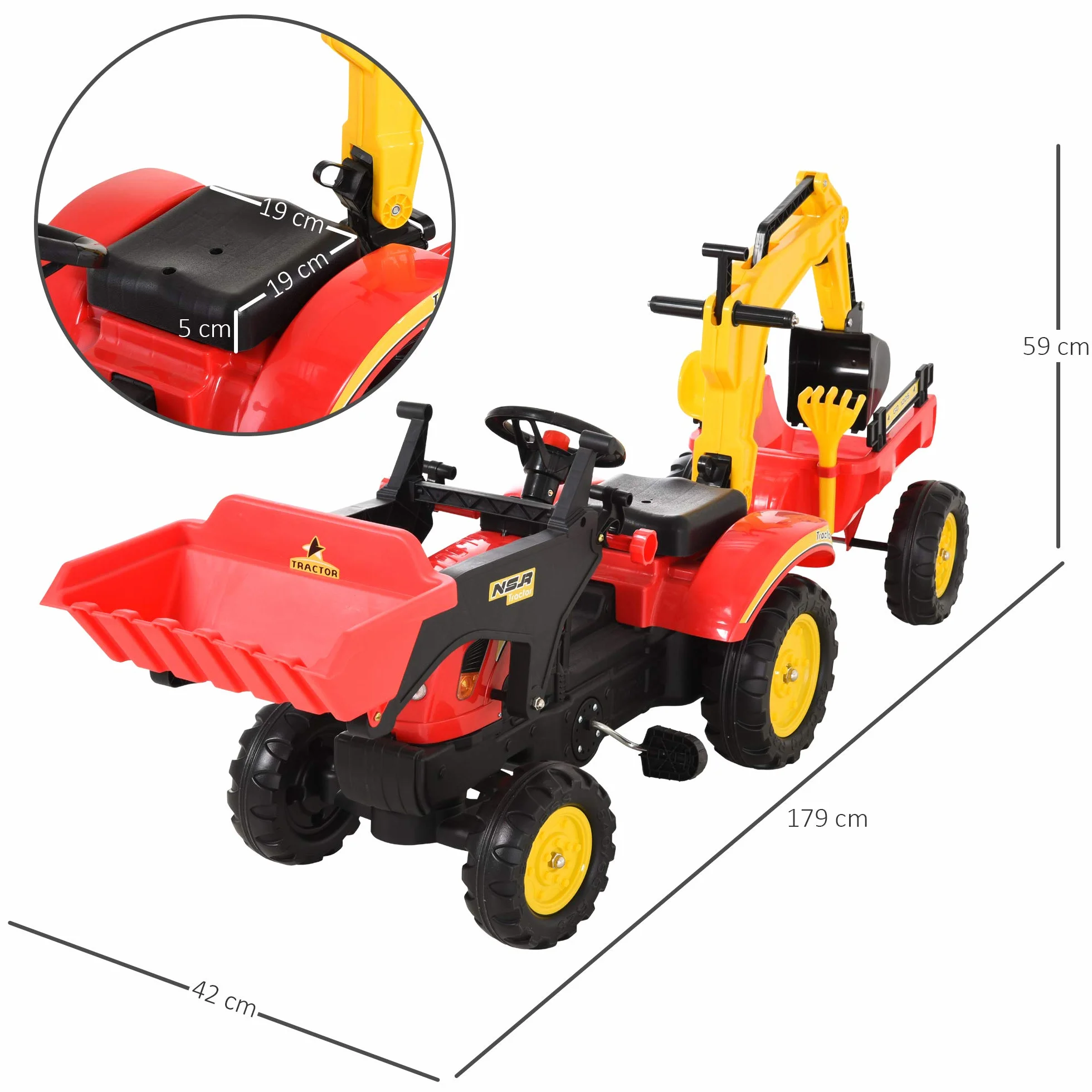 HOMCOM Ruspa Giocattolo a Pedali, Escavatore Cavalcabile per Bambini 179x42x59cm Multicolore