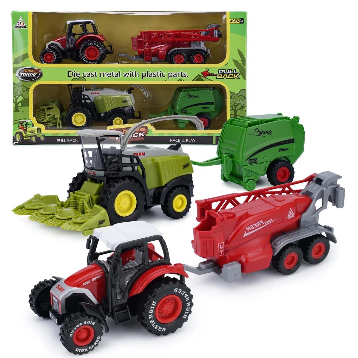 VBACALA Set Trattore Giocattolo Fattoria Pressofuso,Trattore con Rimorchio Mietitrebbia per Bambini, Veicolo Agricolo a Trazione Posteriore Modello,Giocattolo da Regalo per Ragazzi e Ragazze 3+ Anni