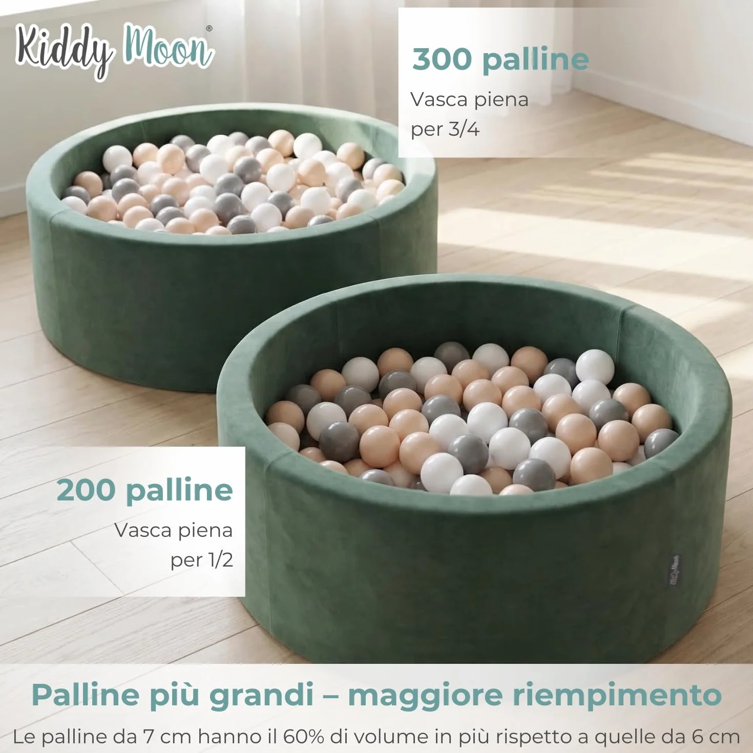 KiddyMoon Velluto Piscina di Palline 90X30cm/300 Palline ∅ 7CM per Bambini Tondo Fabbricato in EU, Velluto Verde: Beige Pastello/Salmone/Bianco