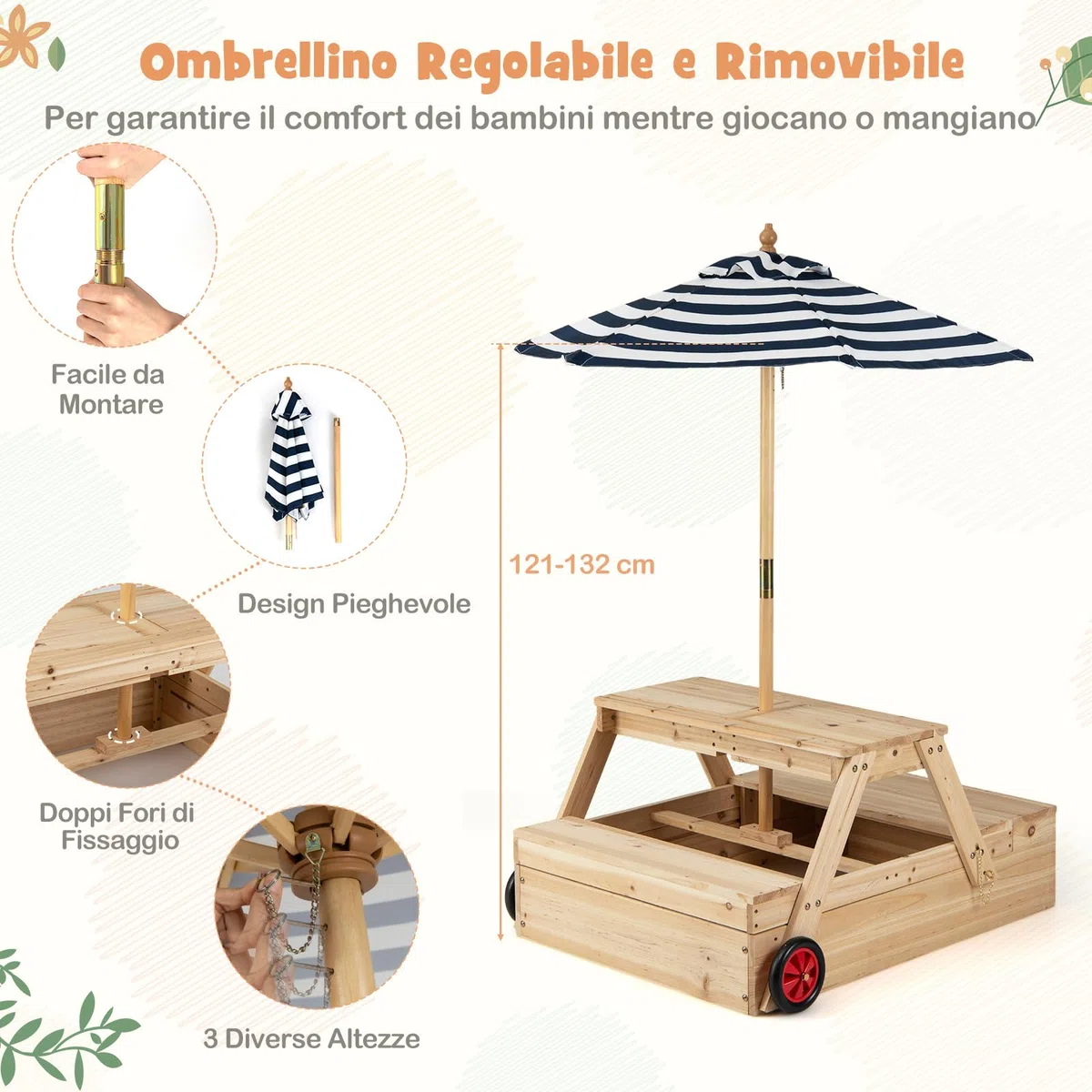 COSTWAY 3 in 1 Sabbiera in Legno, Tavolo da Picnic per Bambini Trasformabile con Panche, Ombrellone Rimovibile e Ruote, Set da Gioco per Bambini 3-5 Anni, per Esterno e Giardino