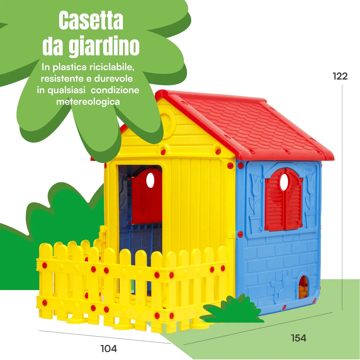 Baroni Toys Casetta da Giardino per Bambini, Casina in Plastica 122x104x110 cm Gialla Rossa Blu con Recinto