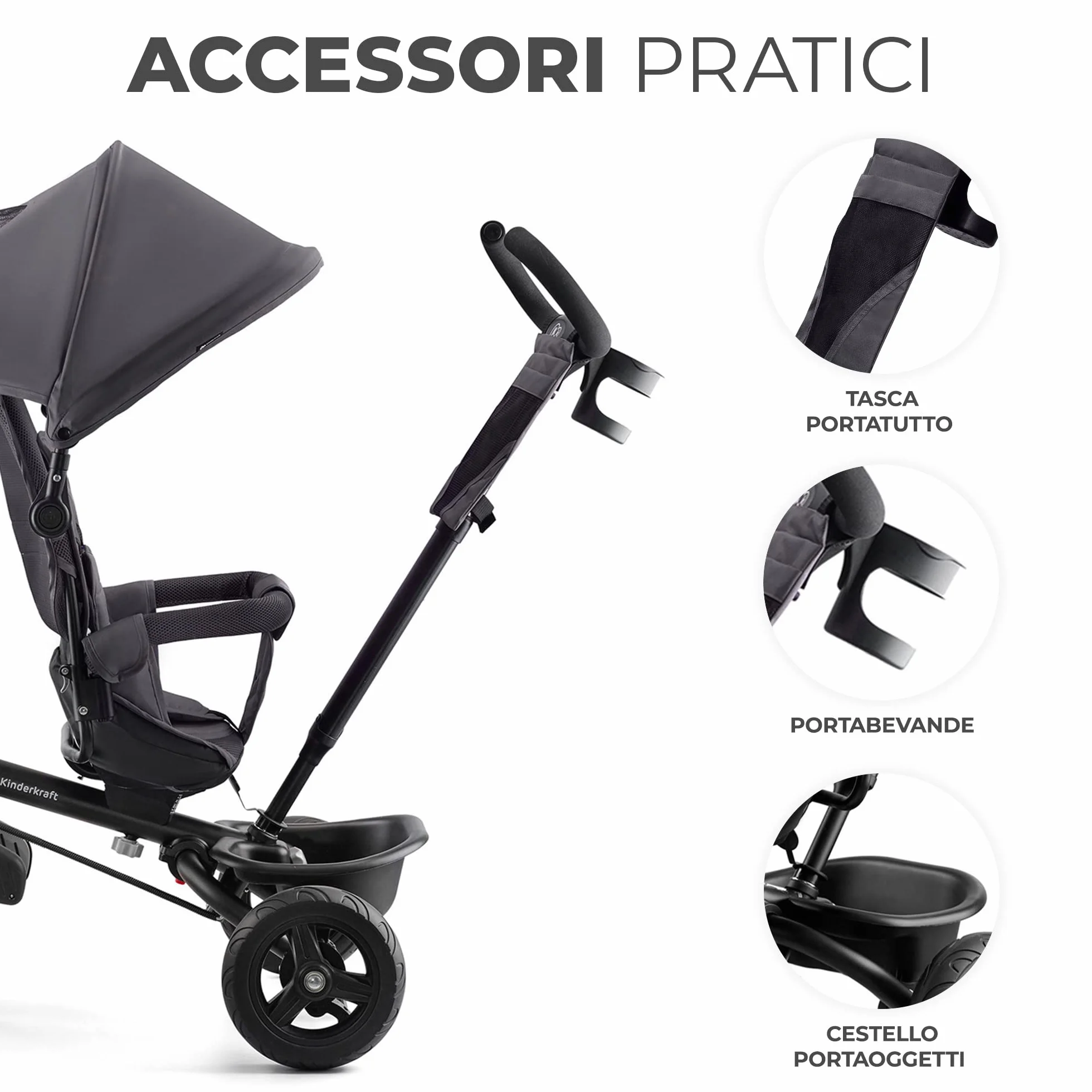 Kinderkraft AVEO Triciclo bambini dai 9 Mesi fino 25 kg, Passeggino con Maniglione del Genitore regolabile, Bici, Compatto pieghevole, Sedile girevole Fronte Mamma e Strada, Ruota libera, Grigio