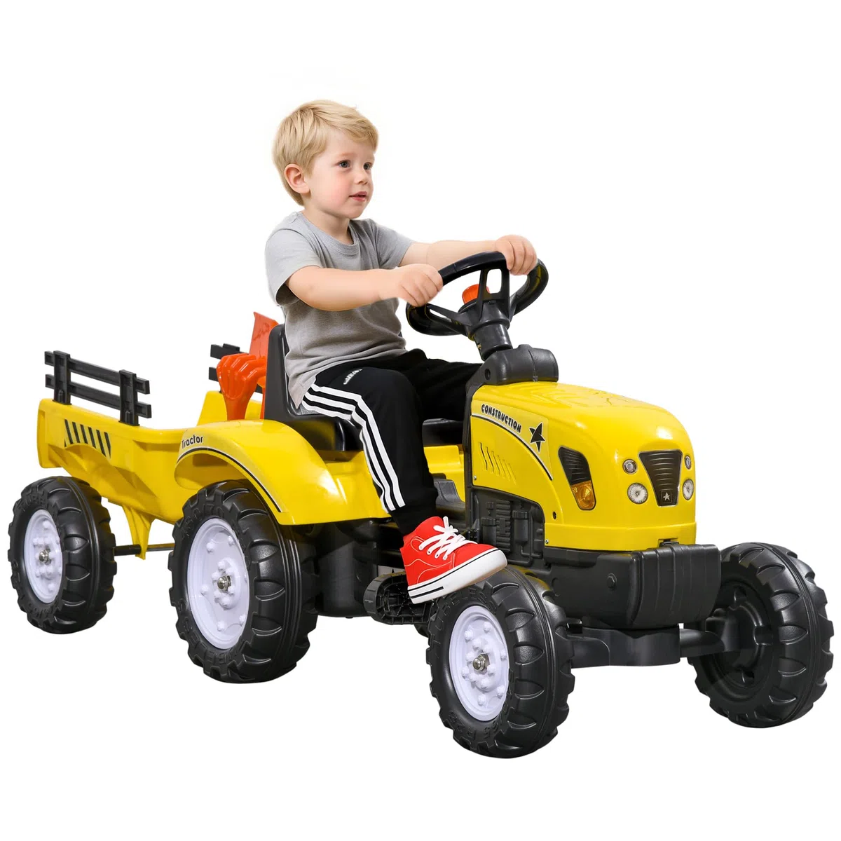 HOMCOM Trattore a Pedali per Bambini 3+ Anni con Rimorchio, Giallo