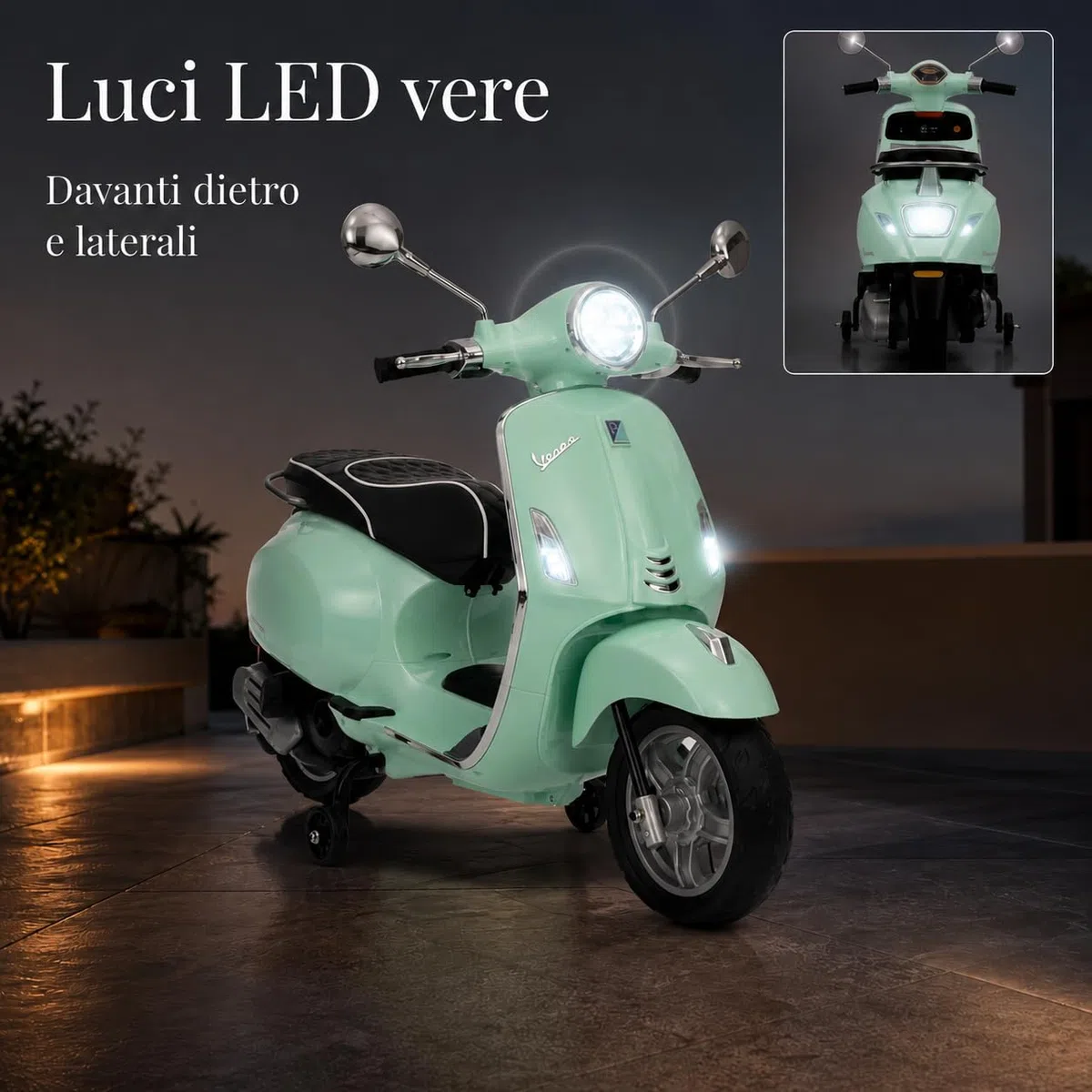 Piaggio Vespa Elettrica Bambini 12V TOYSCAR Moto Elettrica con Luci LED Bluetooth Sedile Pelle Retromarcia Rotelle Menta