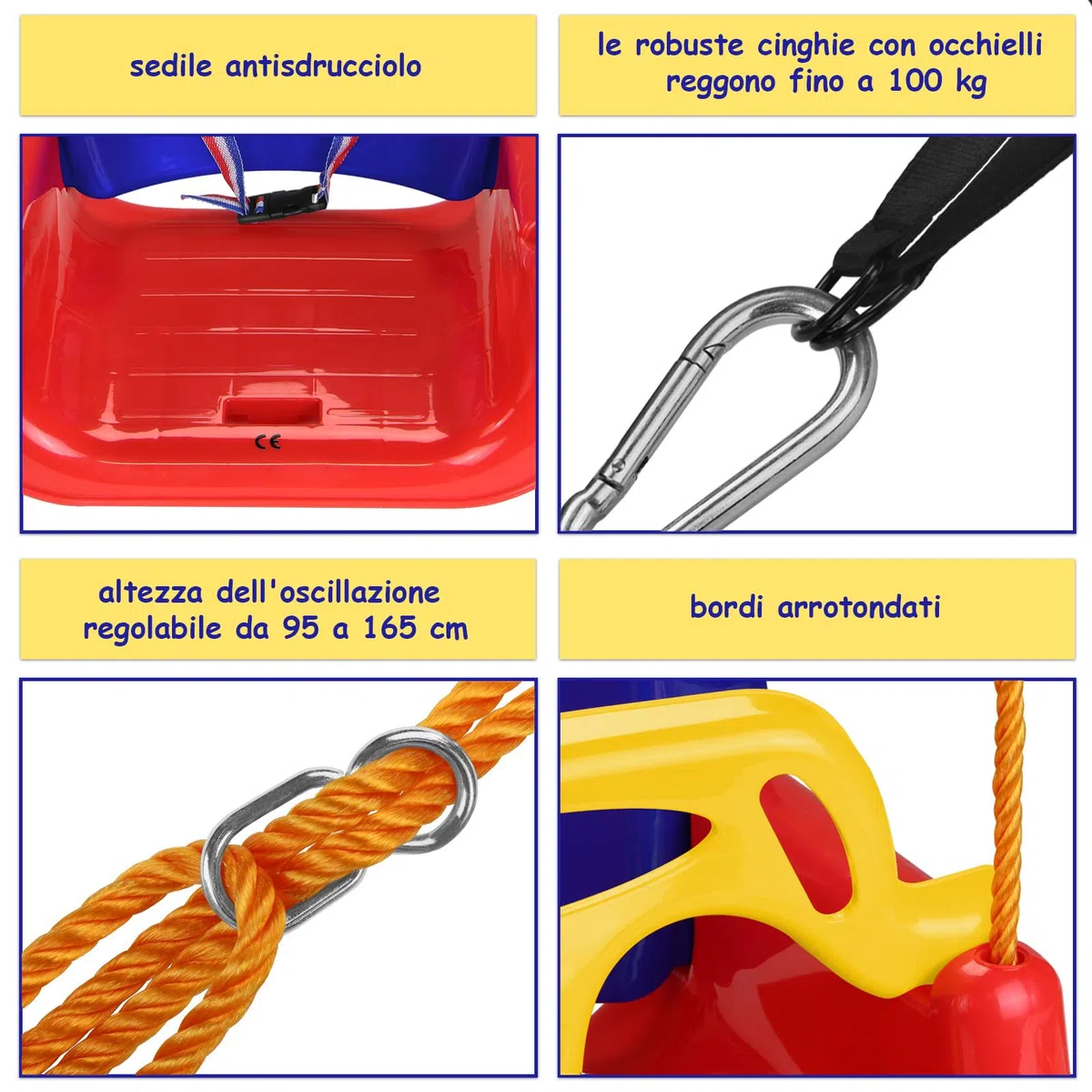 Montafox Altalena per bambini regolabile 3 in 1 seggiolino crescente con schienale e cintura di sicurezza, colorato