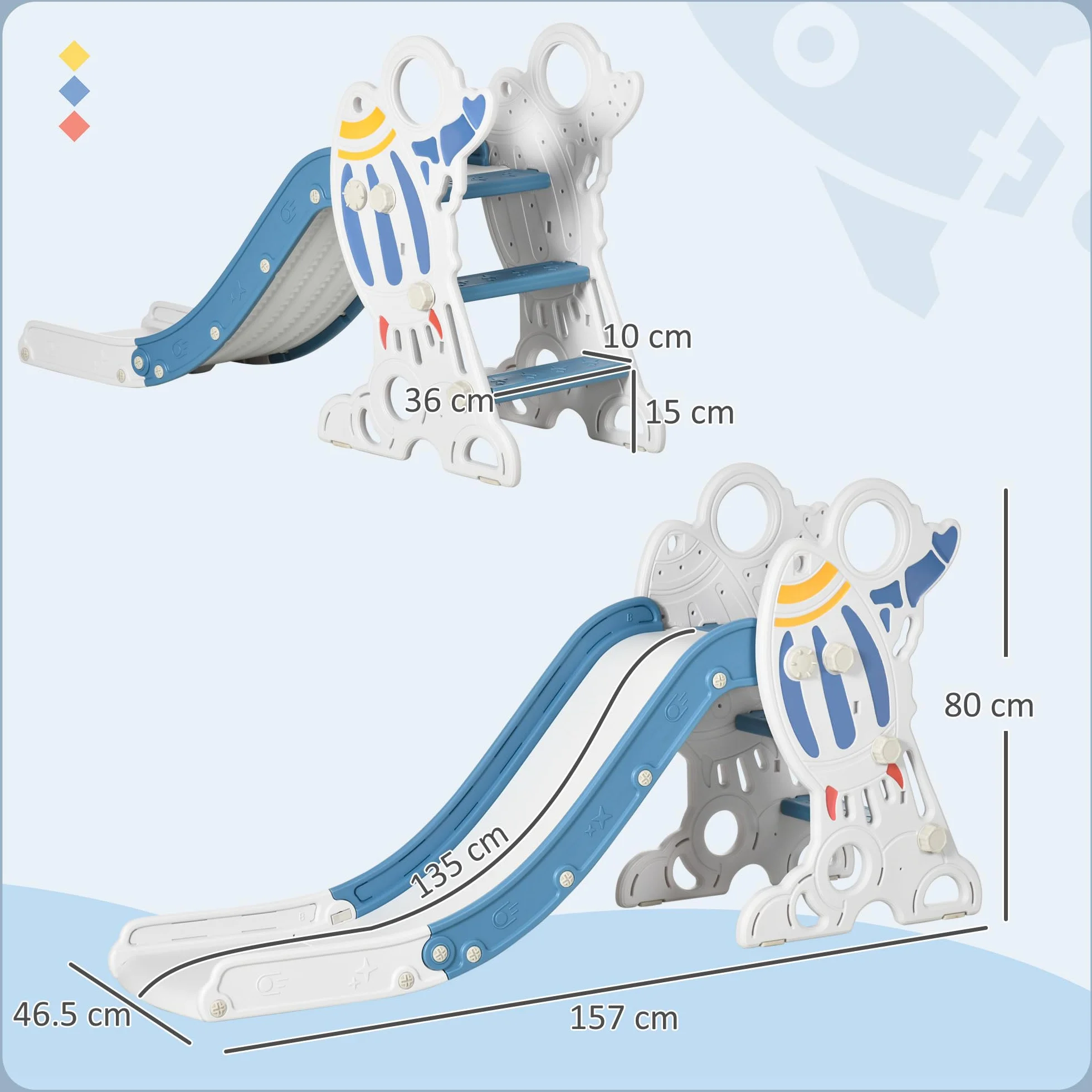 AIYAPLAY Scivolo per Bimbi 18-36 Mesi a Tema Spaziale con Scale Antiscivolo, Scivolo da Interno in PE e PP, 157x46.5x80 cm, Blu e Bianco