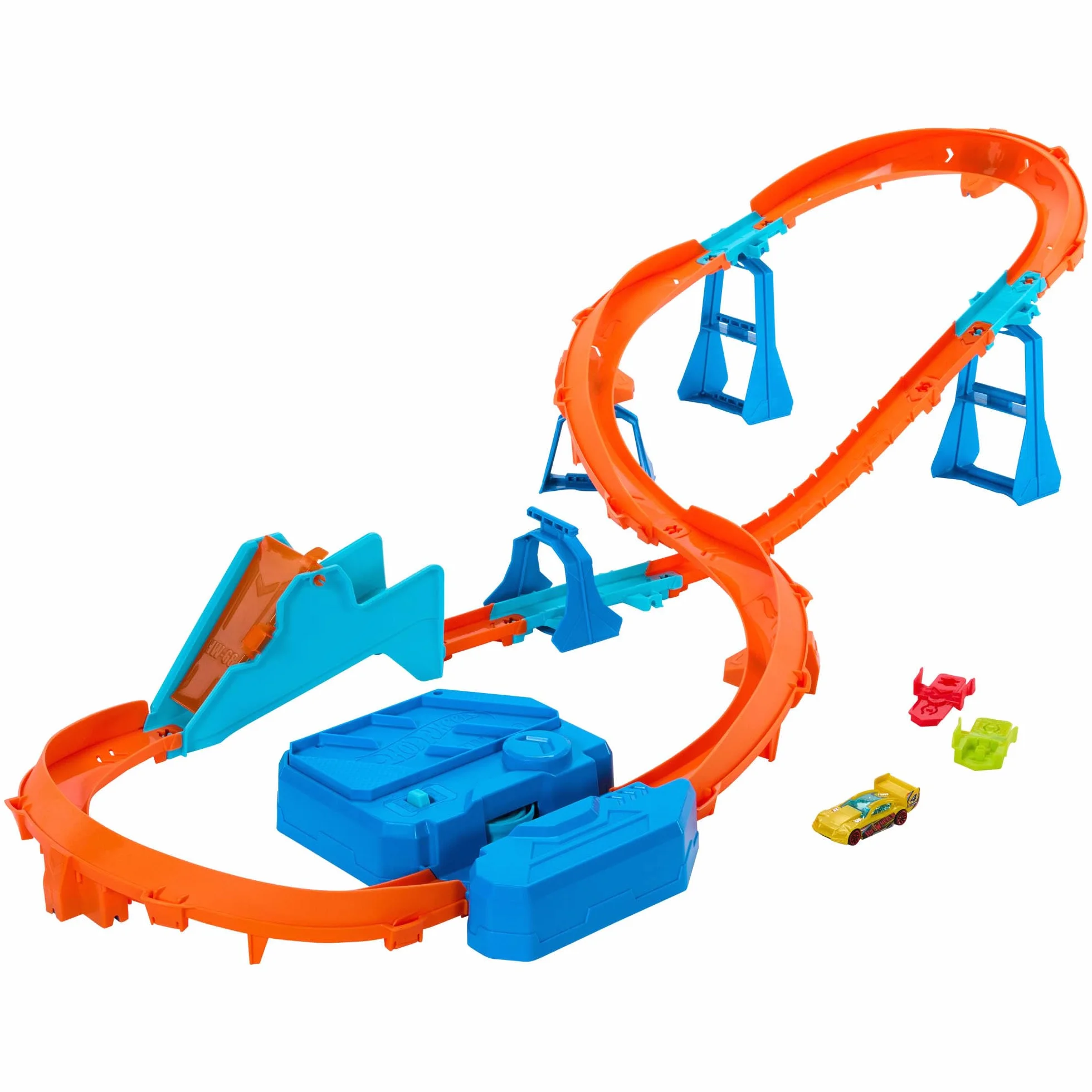 Hot Wheels - Boosted Jump Speedway, set pista con box deluxe da costruire e booster motorizzato, macchinina in scala 1:64 inclusa, giocattolo per bambini, 5+ anni, JDB49