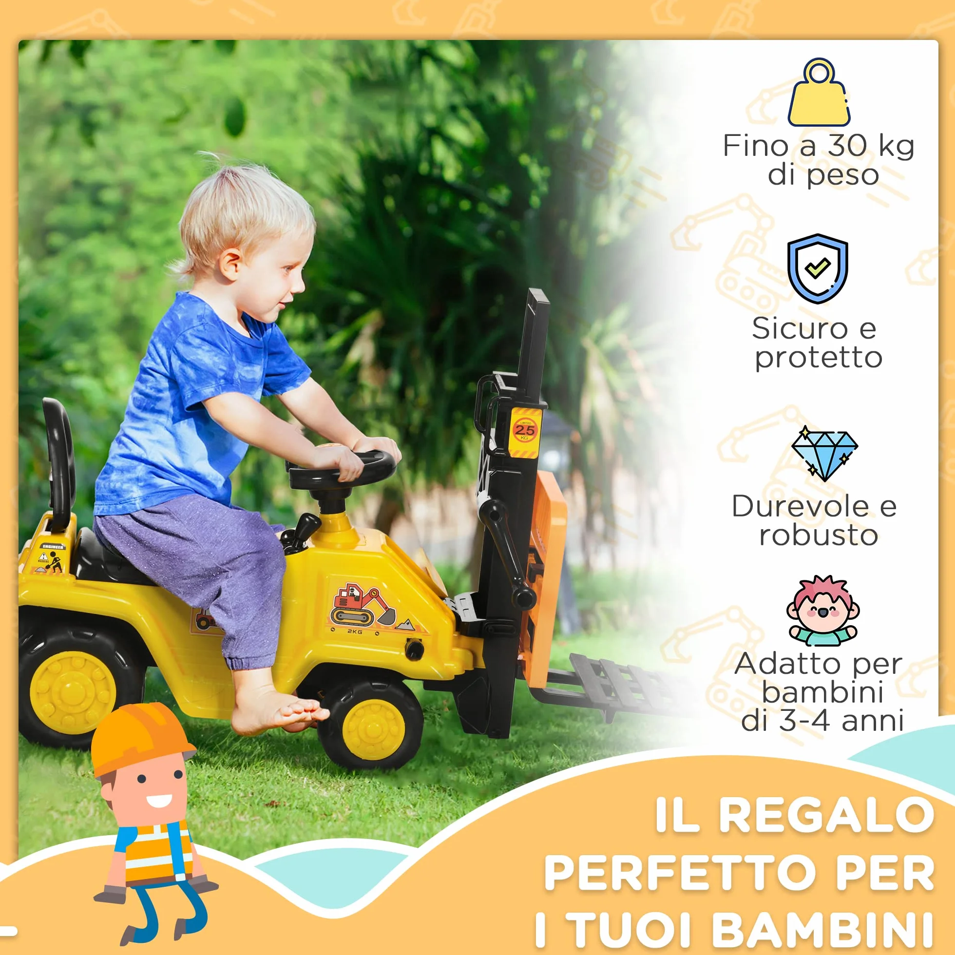 HOMCOM Trattore Cavalcabile per Bambini 3-4 Anni con Muletto, Pulsante per Suoni e Spazio Portaoggetti Nascosto, in PP e ABS, 86x27.5x47.5 cm, Giallo e Nero