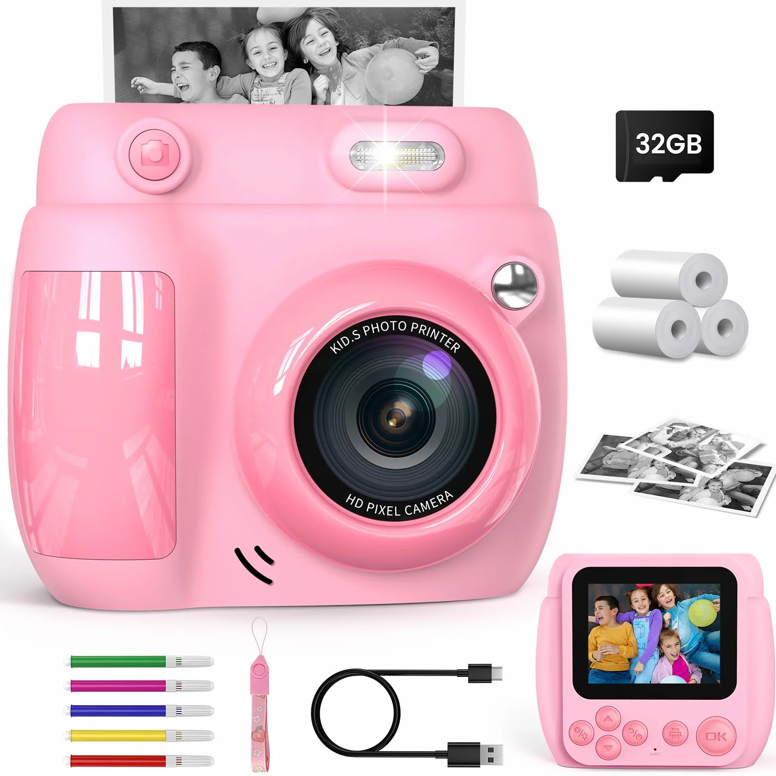 Gofunly Macchina Fotografica Bambini Istantanea, 2,4 Pollici Schermo Fotocamera Istantanea per Bambini con 32GB Scheda, 1080P HD Fotocamera Digitale Regalo per Ragazze Ragazzi da 3-12 Anni