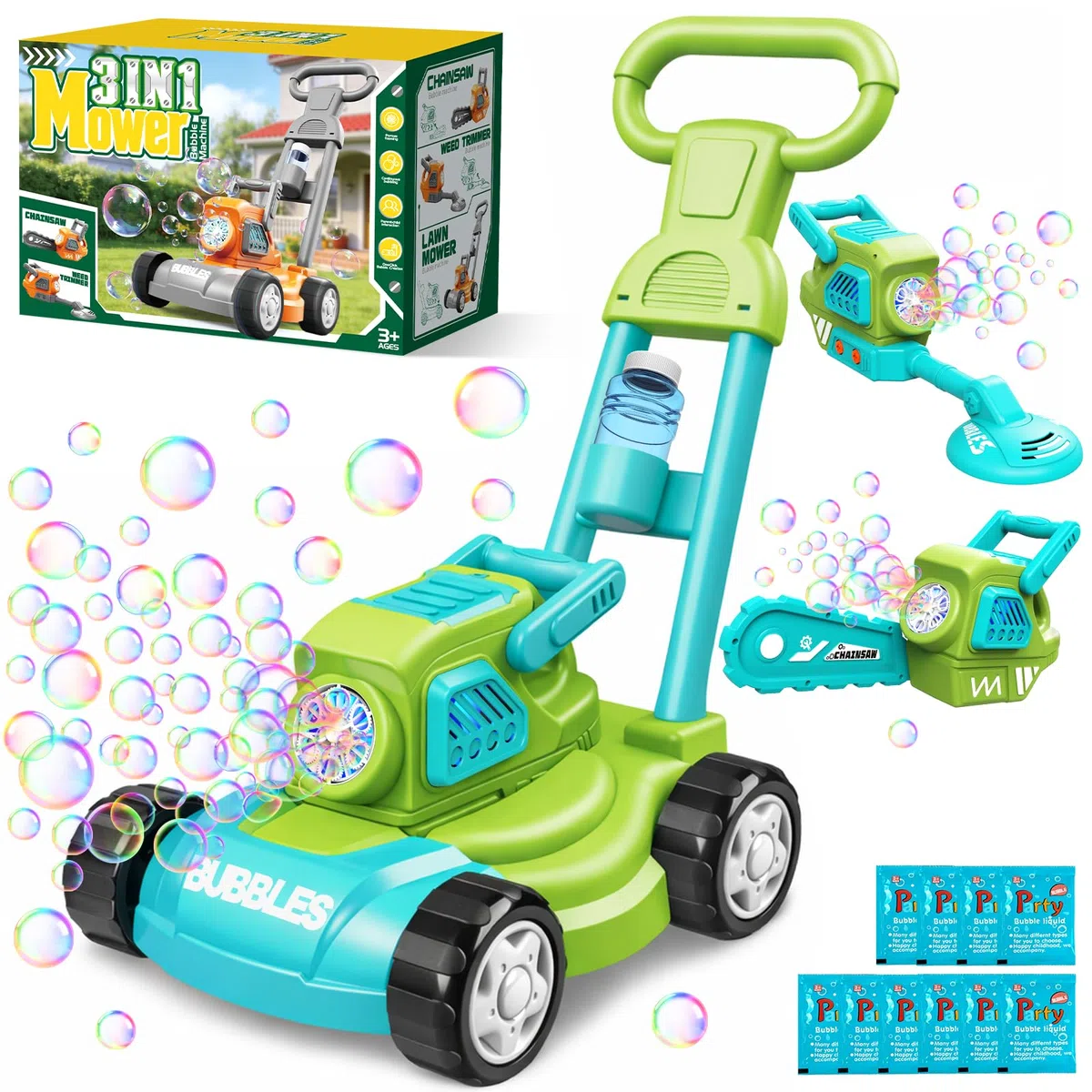 Tosaerba Spara Bolle per Bambini, Macchina per Bolle 3-in-1 con 10 Soluzioni, Giochi all'Aperto per Bambini 3-8 Anni, Regalo di Compleanno Pasqua Estate per Ragazzi e Ragazze 3 4 5 6 7 8 Anni