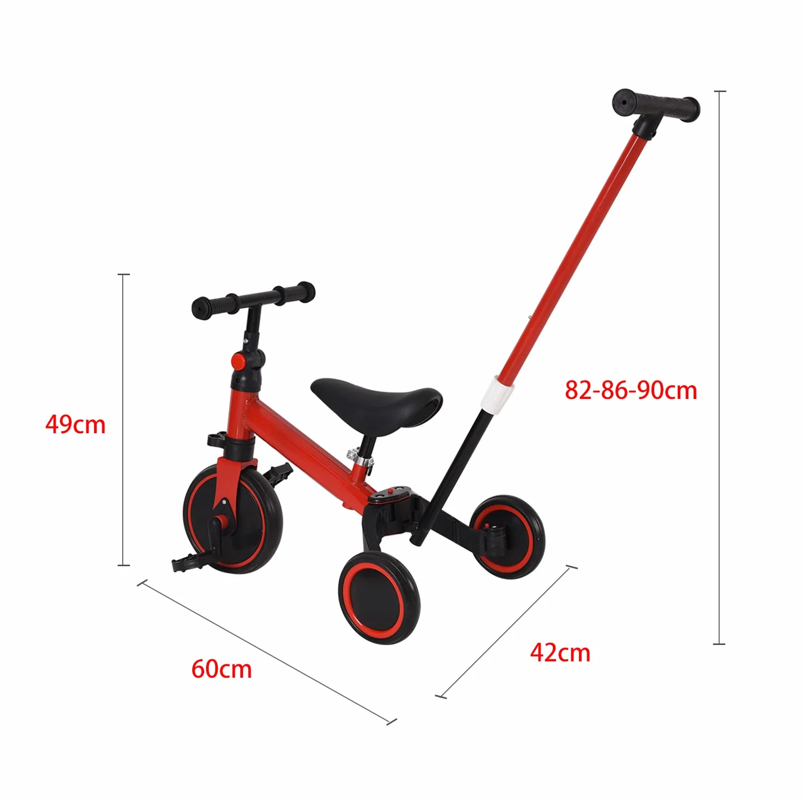 Triciclo Bambini, Triciclo Bimba e Bimbo con Maniglione ad Altezza Regolabile, Max 25 kg, Giochi per Bambini 18 Mesi, 2-5 Anni, Ruote Silenziose, Asta di Spinta-3 in 1 (rosso)