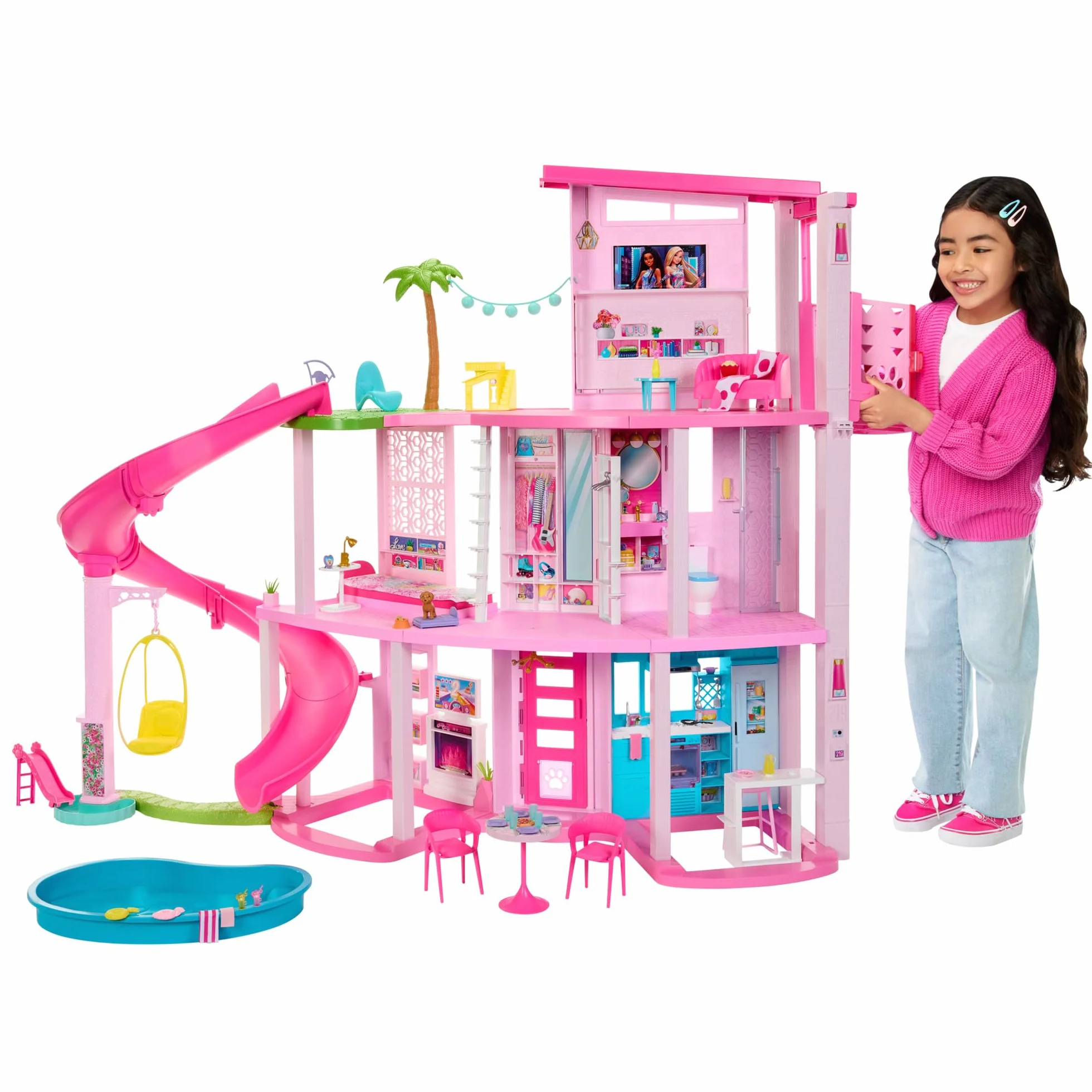 Barbie - Casa dei Sogni di Barbie, playset casa delle bambole con piscina, scivolo a 3 piani, ascensore e aree di gioco per cuccioli, 75+ accessori, giocattolo per bambini, 3+ anni, HMX10