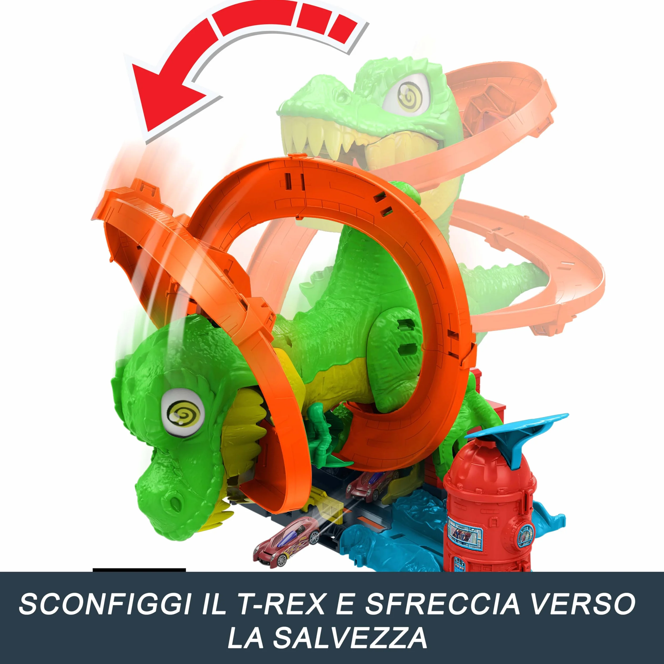Hot Wheels City - T-Rex Battaglia Infuocata, playset stazione dei pompieri con dinosauro occhi rotanti e pista per gareggiare, camion dei pompieri incluso, giocattolo per bambini, 4+ anni, JBM73