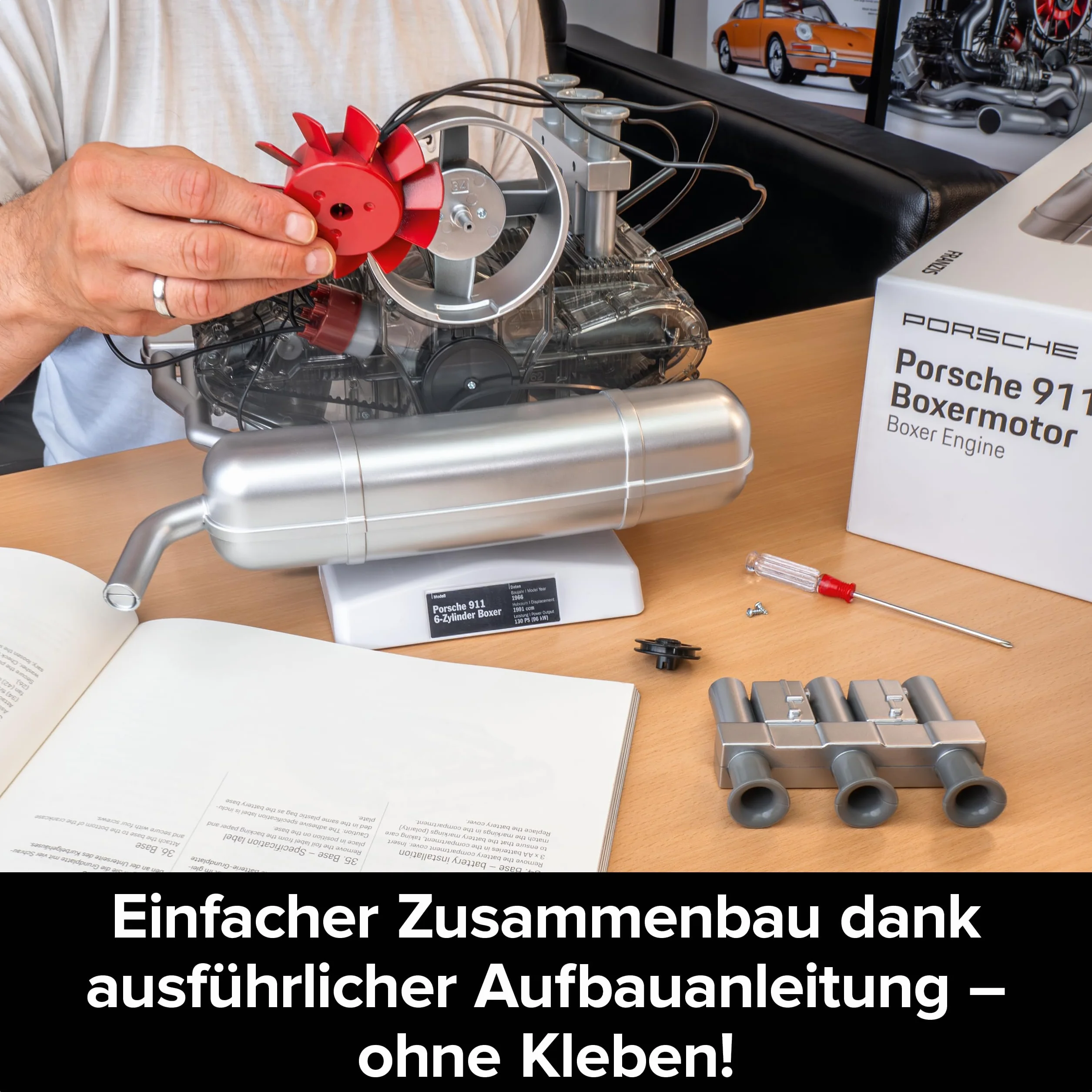 Franzis 67224 - Motore da Boxe Porsche 911, Kit da 290 Pezzi, Modello Funzionale Trasparente, Albero Motore Mobile, Pistoni e valvole, con Motore a 6 cilindri raffreddato ad Aria