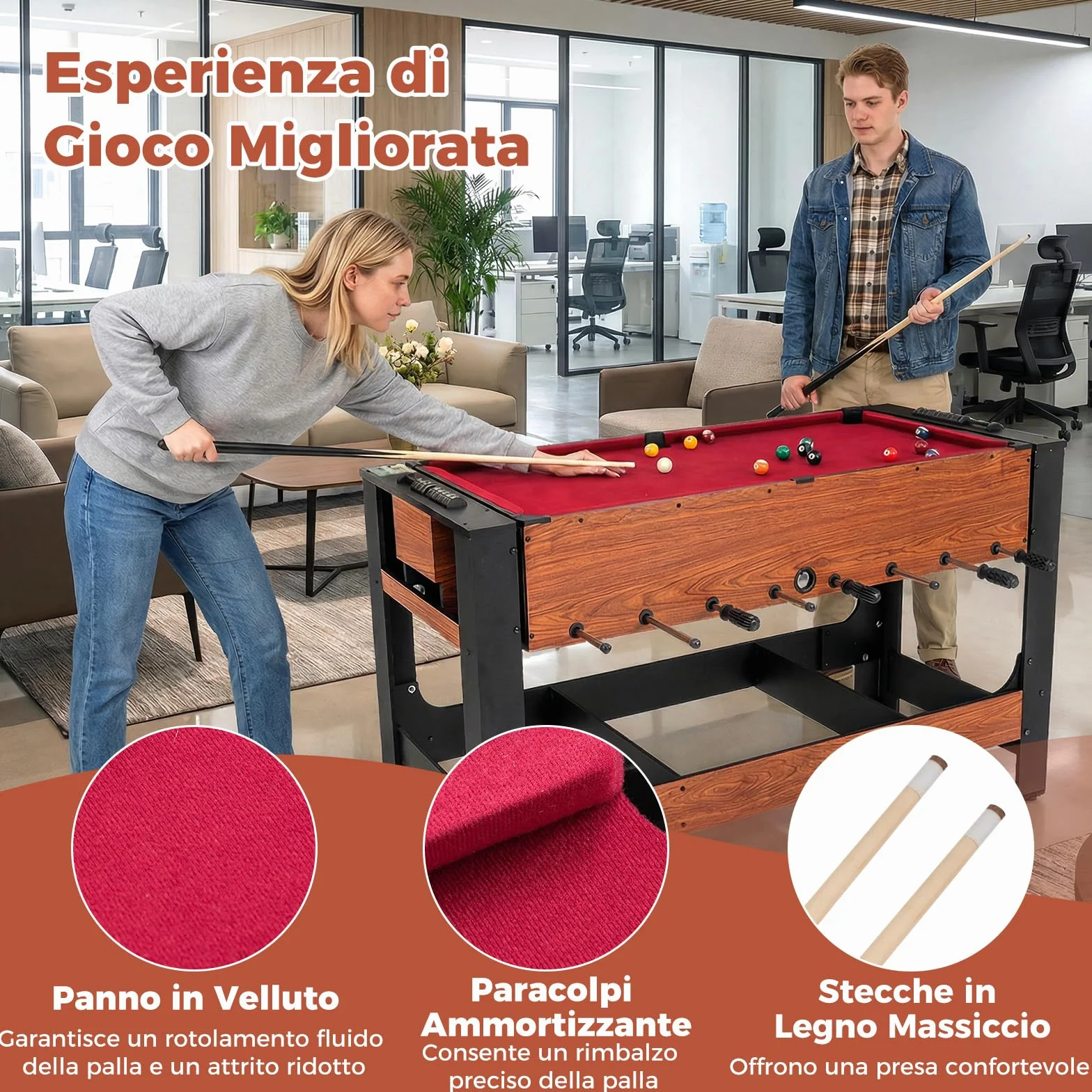 COSTWAY 2 in 1 Calcio Balilla, Tavolo da Biliardo con 2 Palline, Stecche Triangolo Spazzola e Gessetti, Tavolo Multigioco per Casa Sala Giochi e Feste